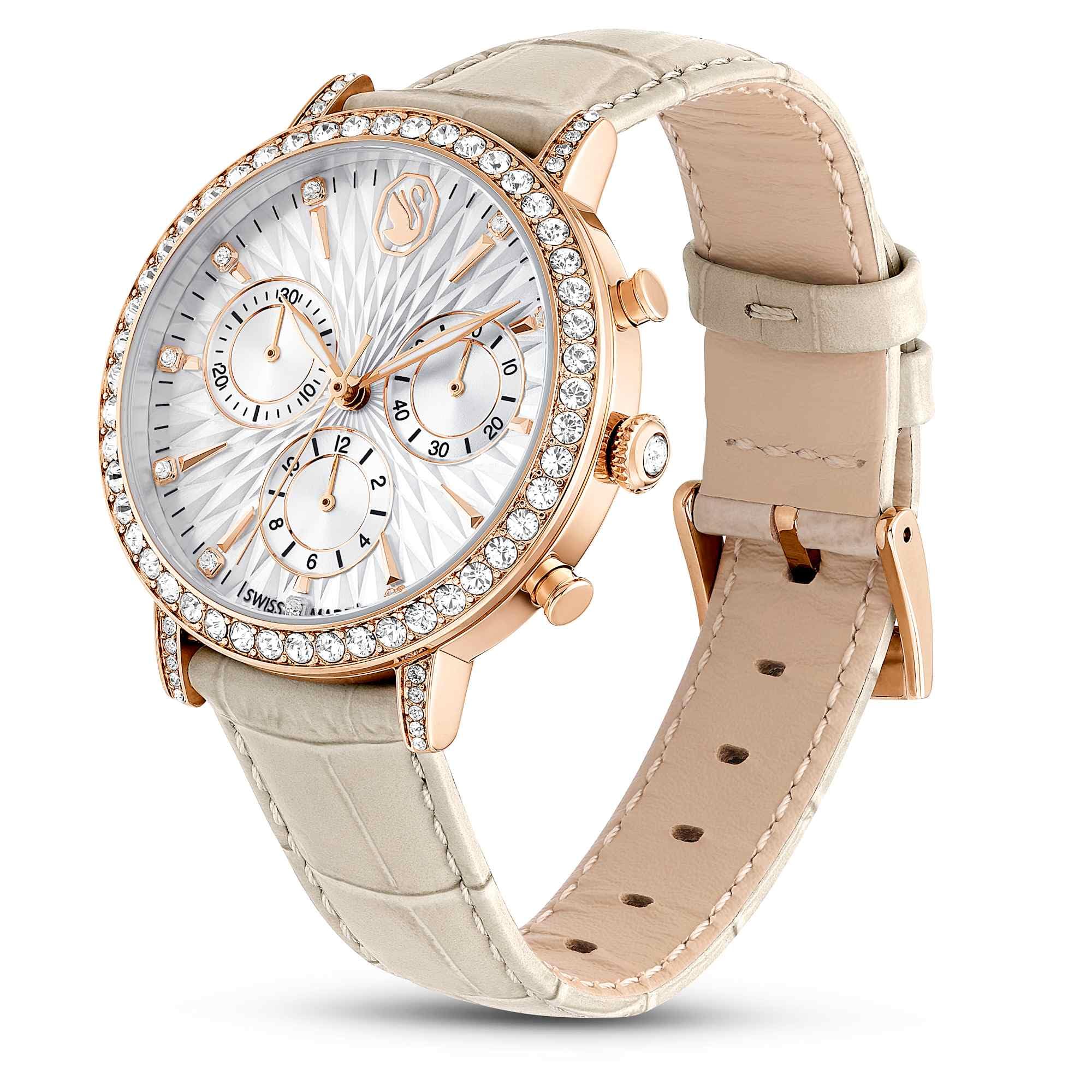 Swarovski Matrix Kollektion Chrono Uhr, Swiss Made, Lederarmband, Roségold-Finish