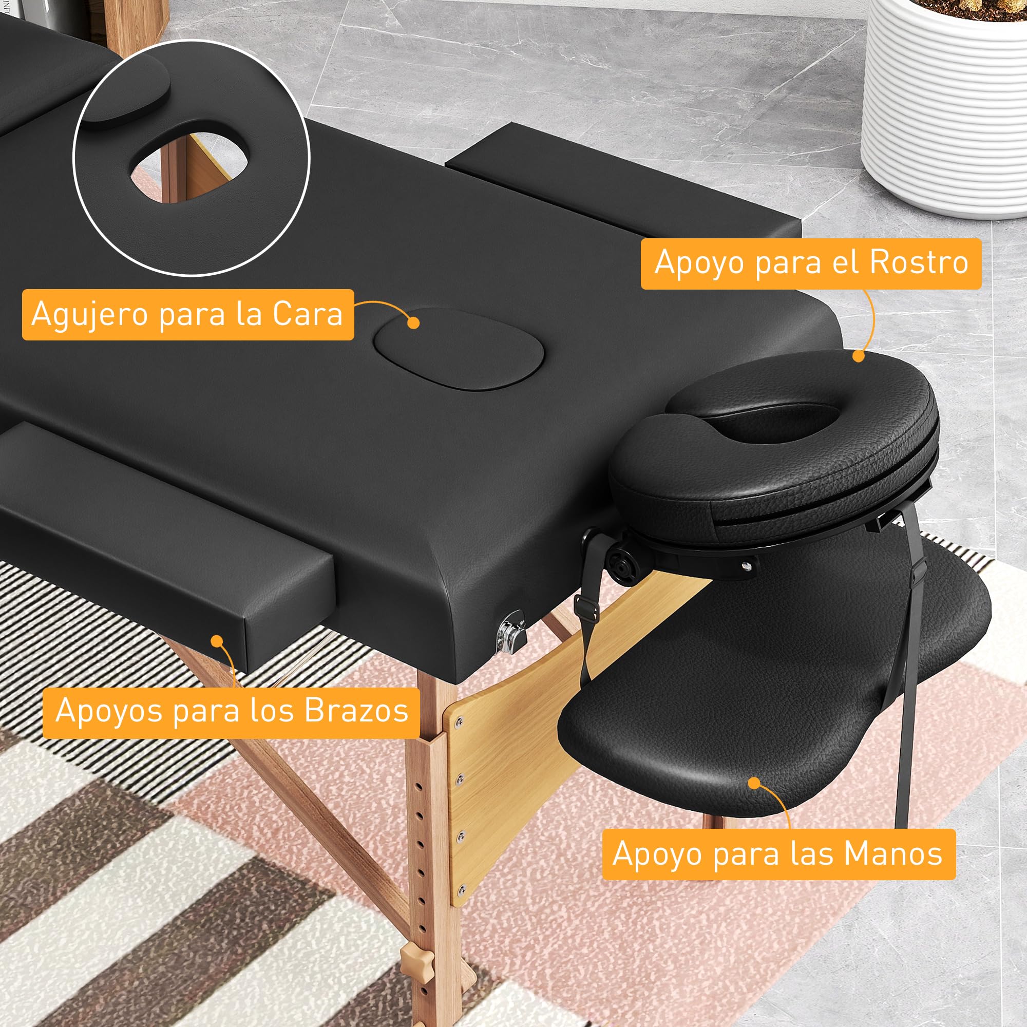 HOMCOM Camilla Masaje Plegable Portátil Camilla Estética Profesional de Madera de 3 Zonas con Altura Ajustable Reposacabezas Reposabrazos Acolchados para SPA Pestañas Tatuajes 215x60x62-89 cm Negro