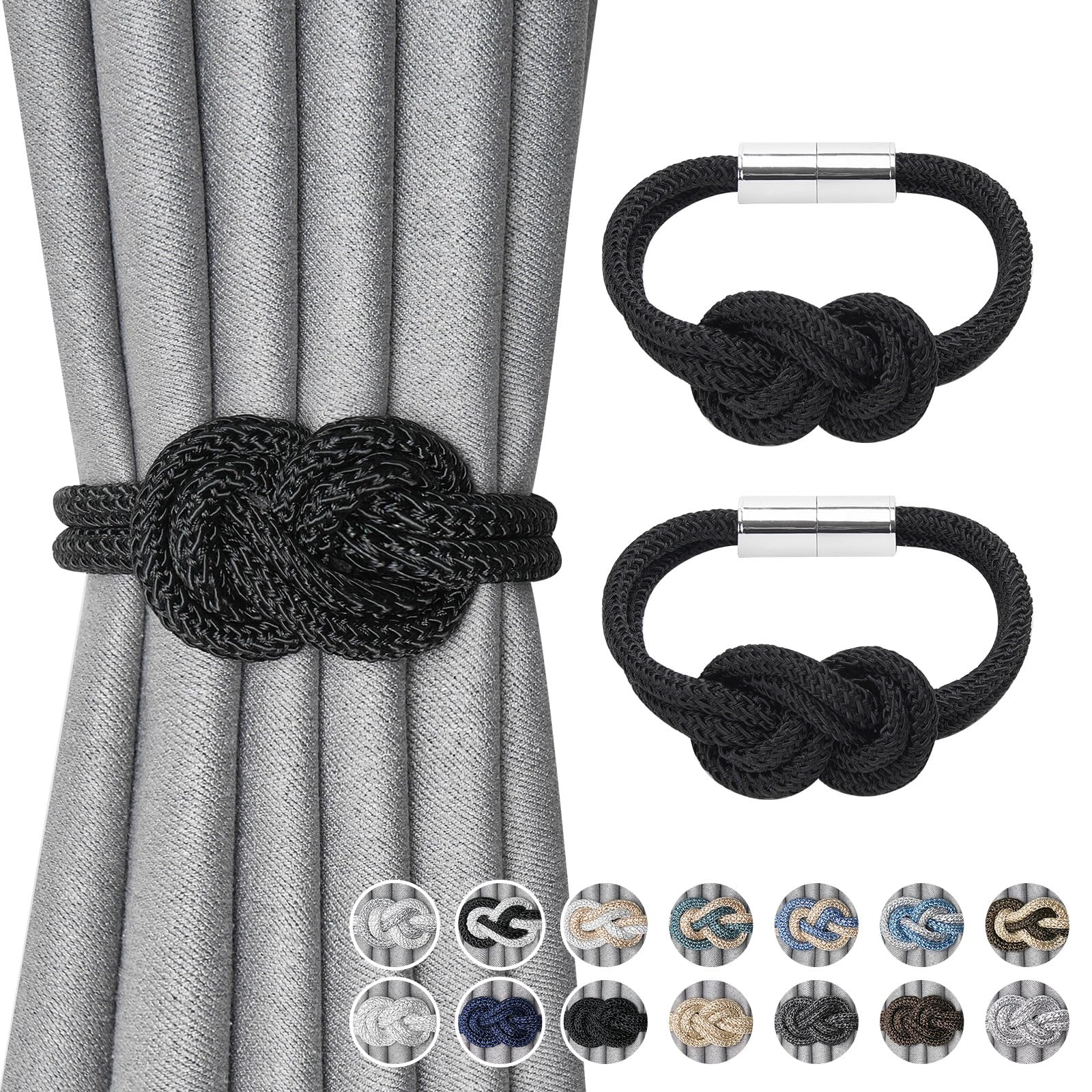 Pretty Jolly 2 Pack Mini Magnetic Curtain Tiebacks Nordic Simple Style Drape Tie Backs Elegant Hand Weave Rope Knot Decorative Curtain Holdbacks for Home & Office Window Drapery (Black)