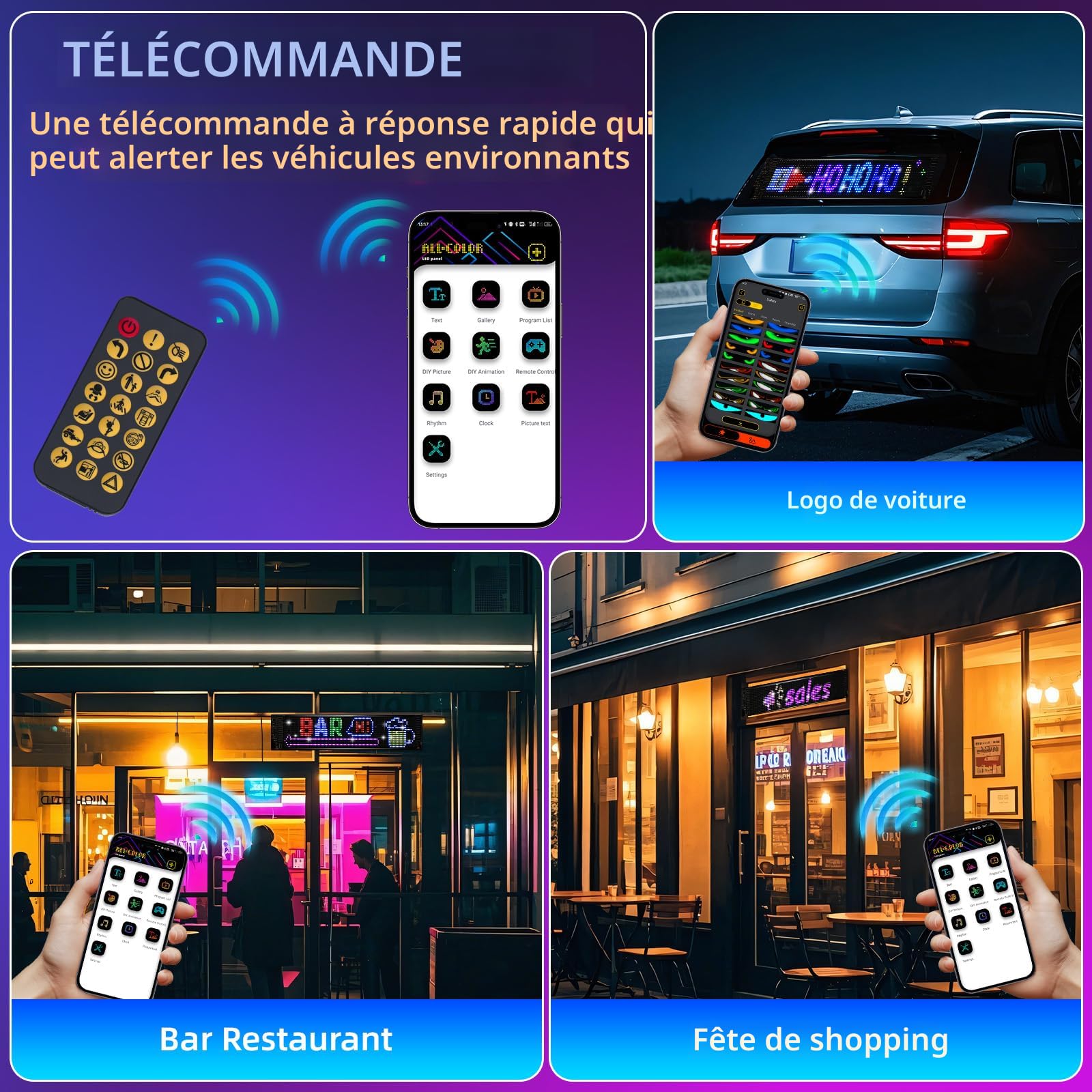 Panneau LED Programmable 16x96 Pixels - Contrôle Par Appli Bluetooth - 23,4" X 4,7" - Pour Magasin, événement, Décoration - 12