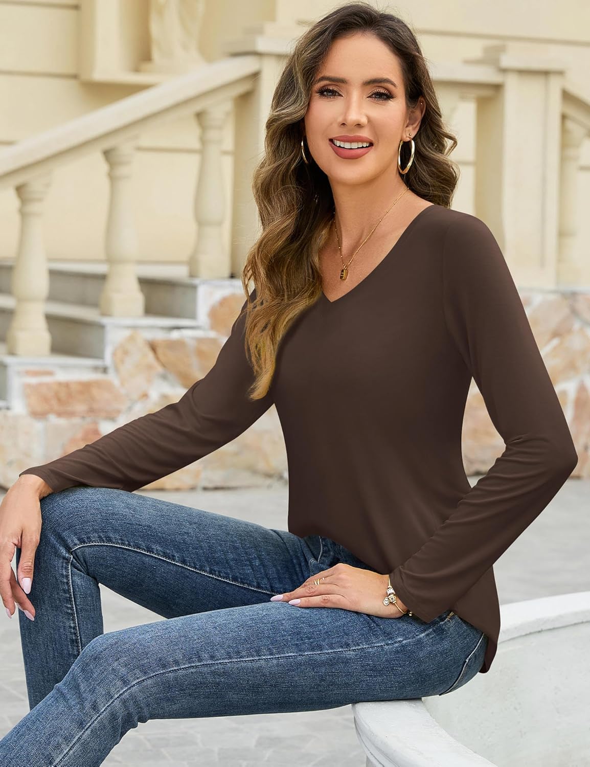 Amoretu Womens Tshirts V Neck Short Sleeve Tops Tee Solid Color Blouse - Image 5