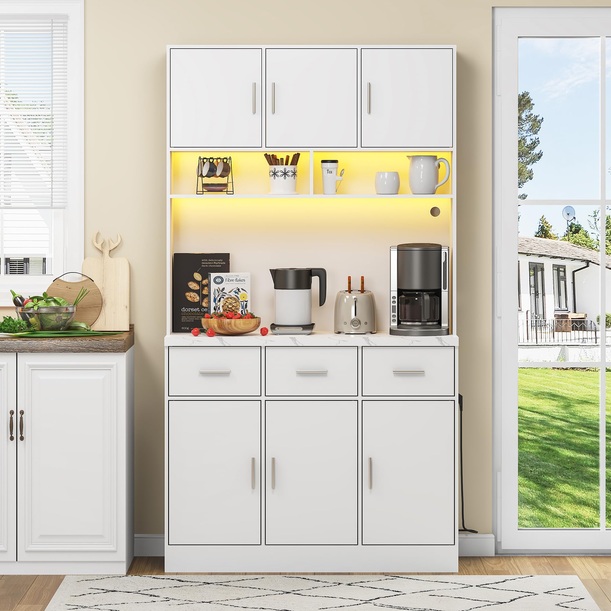 Kayan Küchenschrank Buffetschrank mit LED Sideboard für Küche mit Steckdosenleiste Küchenschrank mit Arbeitsplatte und 3 Schubladen Küchenbuffet mit Verstellbares Regal, 180x100x40 cm (Weiß)