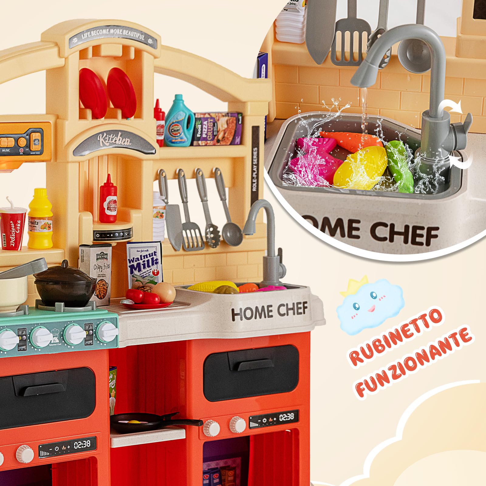RELAX4LIFE Cucina Giocattolo per Bambini con 42 Accessori, Gioco di Cucina con Effetti Sonori e Luminosi, Funzioni vapore e Ebollizione, Gioco Cucina Realistica per Bambini 2 3 4 5 6 Anni (Rosso)