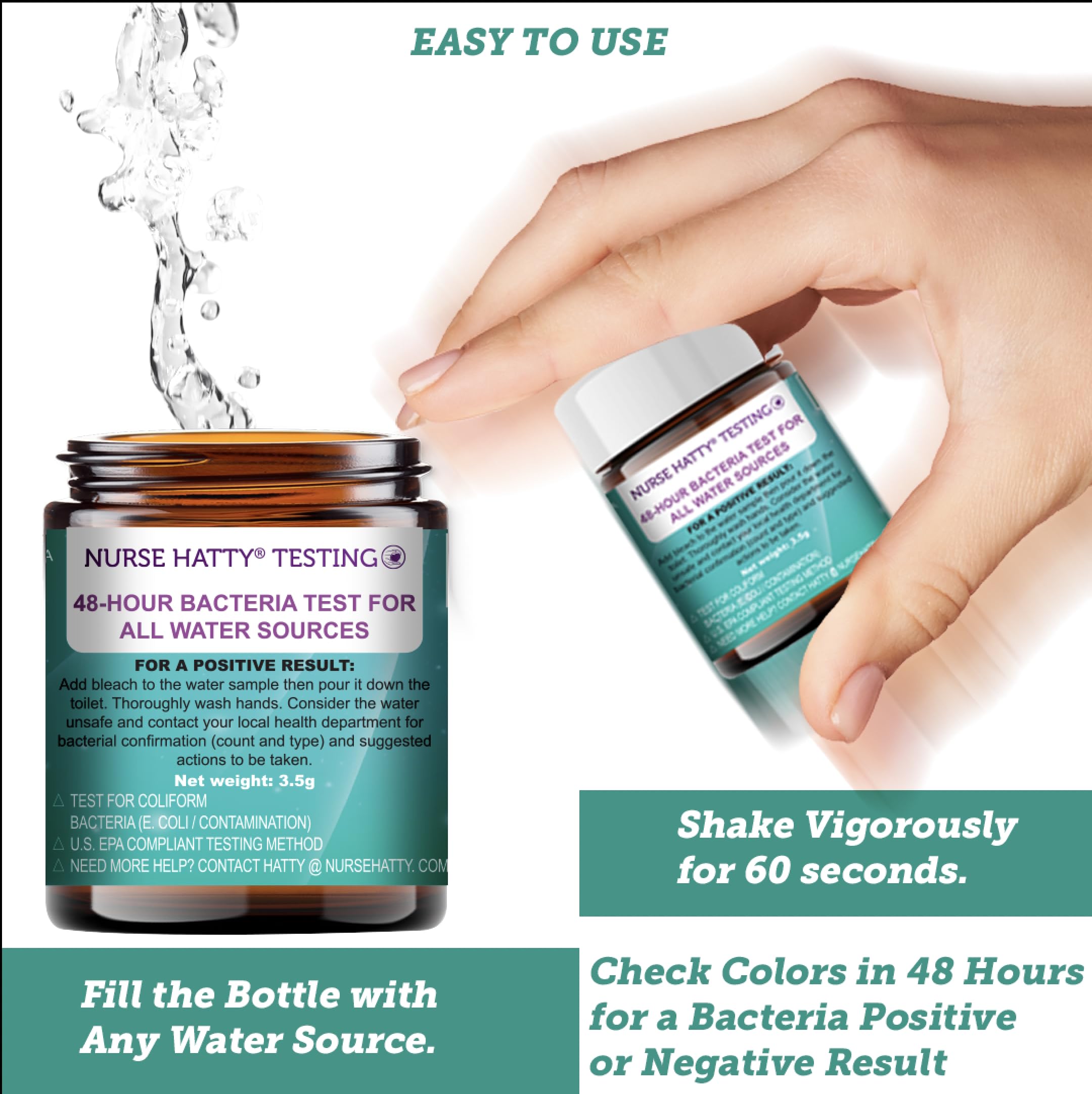 Nurse Hatty – U.S. EPA-approved Bacteria Water Test Kit for Detection of Coliform | Easy at Home E. coli Water Testing for Drinking Water, Tap, Well, Pool, Pond, Lake, & ALL Water Sources | One Count