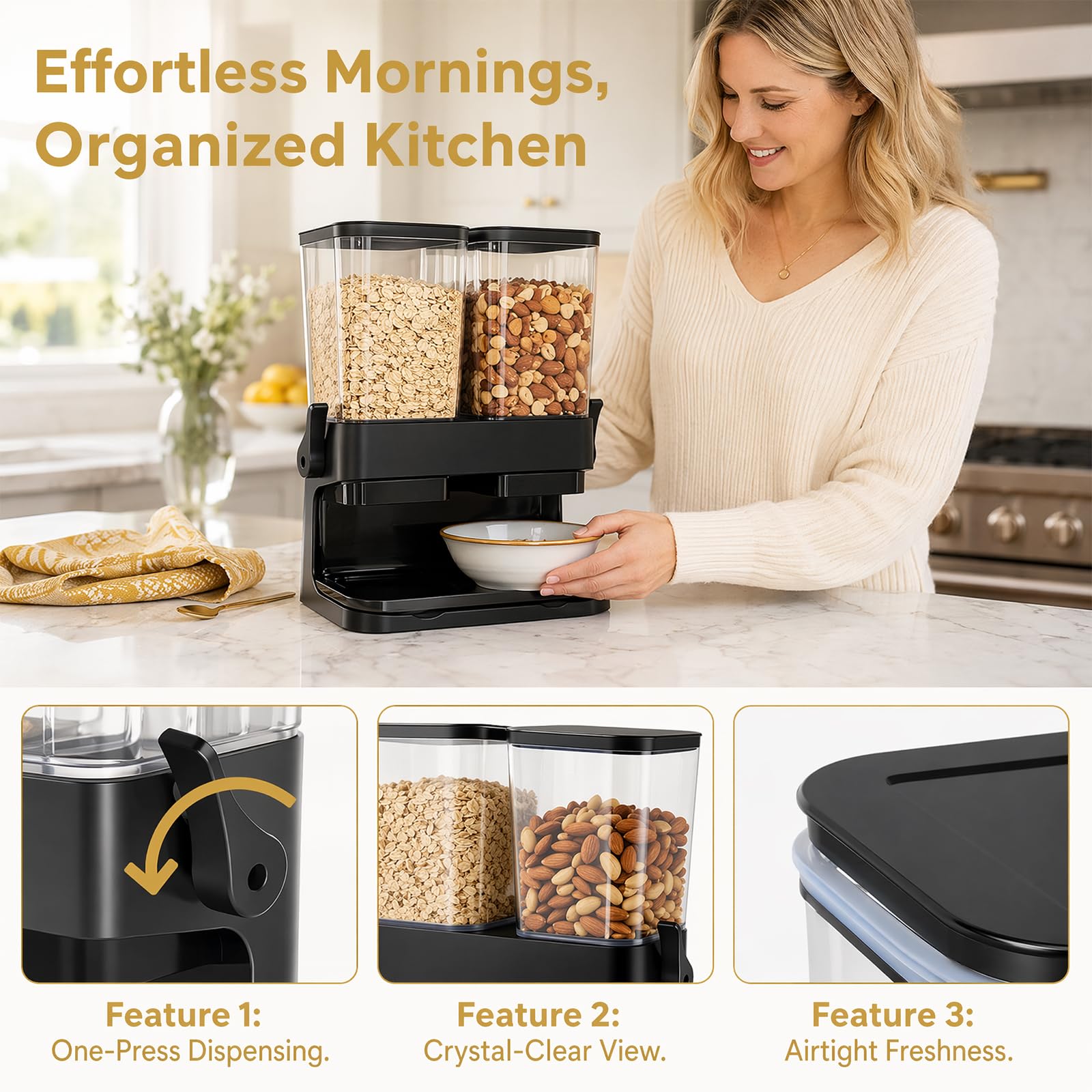 Muesli Dispenser: doble caja de almacenamiento de cereales hermética de 3 litros, gran capacidad, organizador de muesli, para cocina, doble control, distribuidor de alimentos secos para