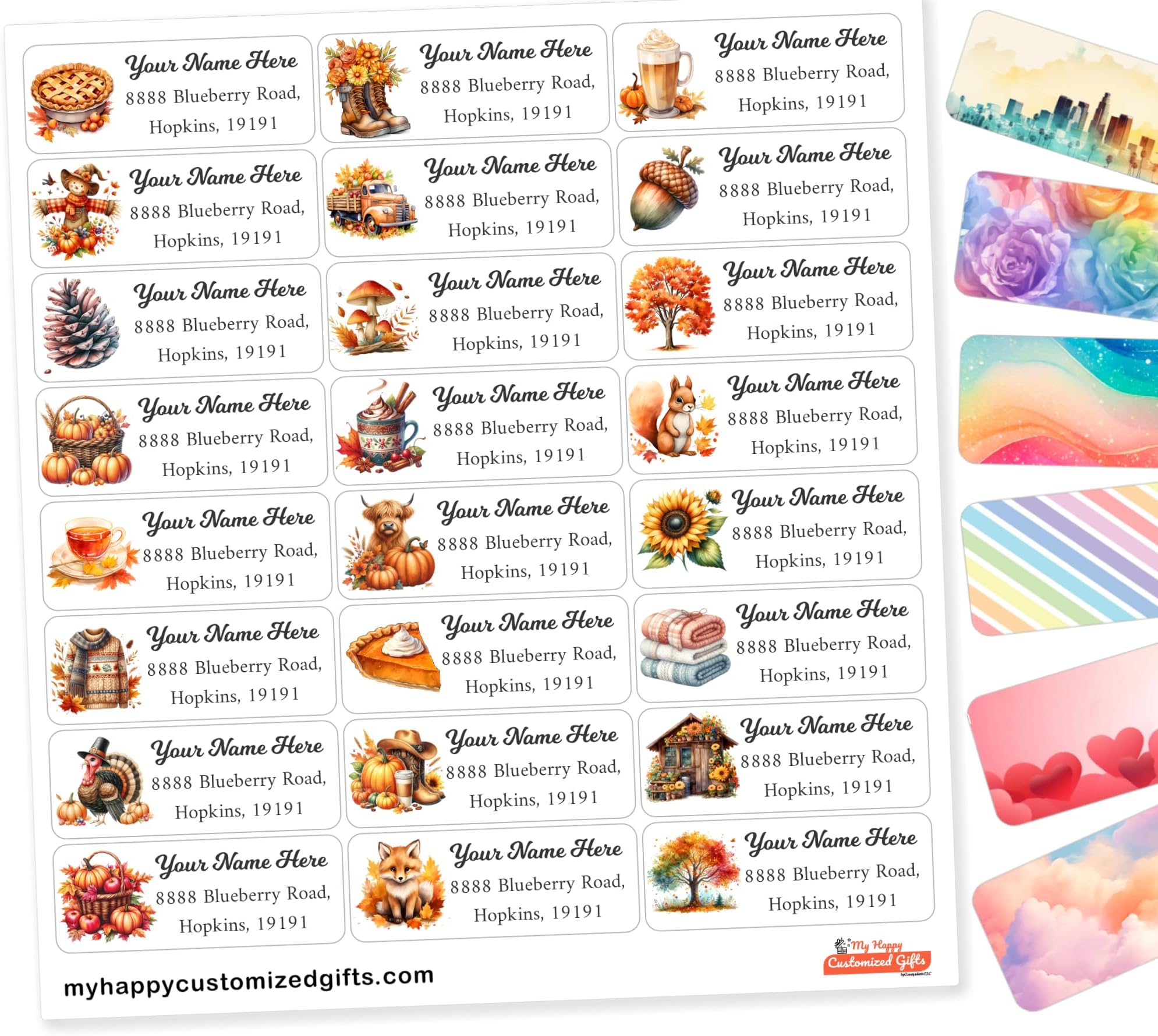 Custom Set of Address Labels - 24 Fall Mix Bundle ║ Set of 24/48/120/240 Return Labels ║ Personalized Waterproof Adhesive Peel & Stick Label ║ Your Desired Text 1-4 Lines of Text Custom Option