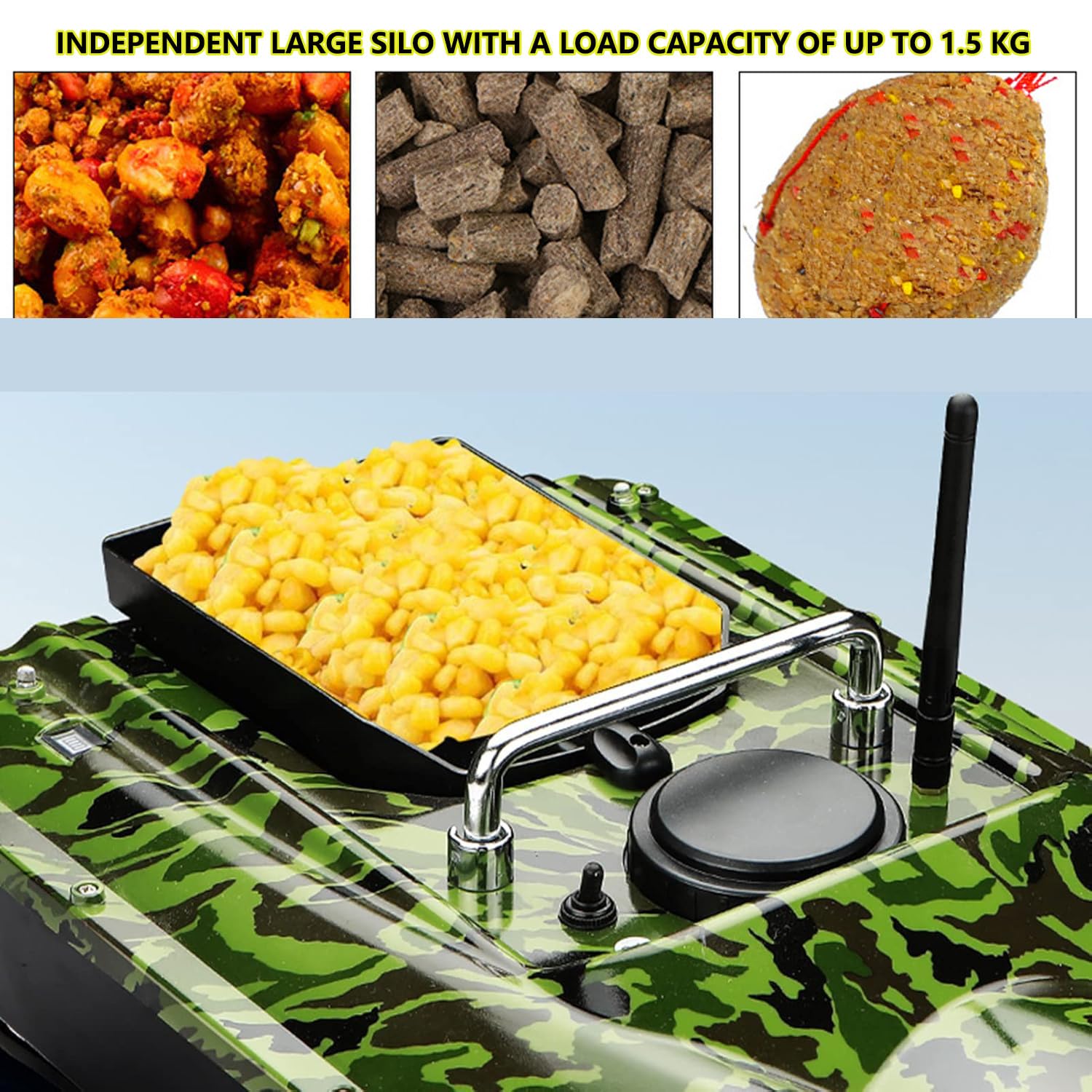 Barco de cebo RC de 500 m para pesca con 2 baterías de 12 000 mAh y bolsa para bote, retorno automático por GPS, capacidad de carga de 1,5 kg (3,3 lb), contenedor de descarga y luz nocturna LED