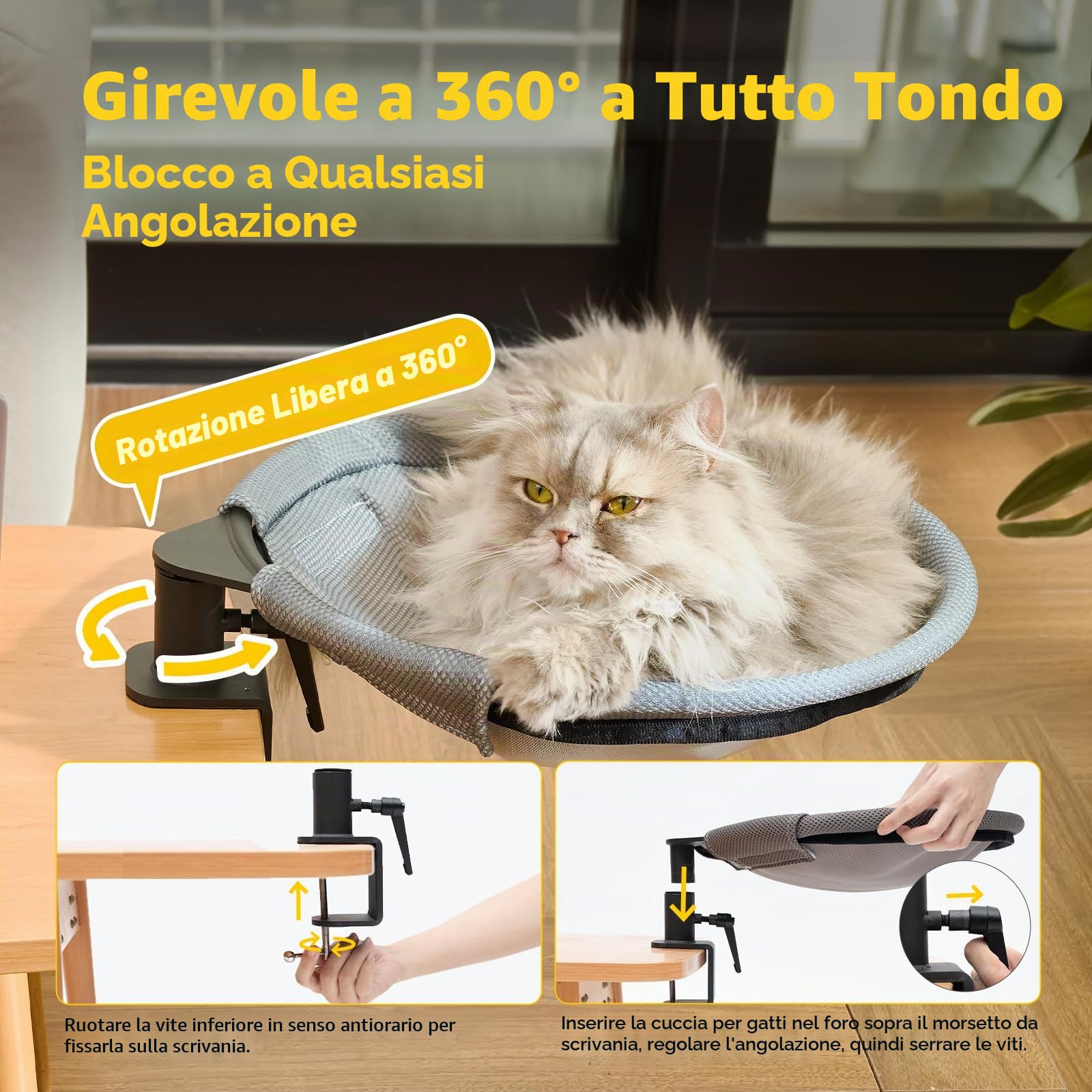 CATISM Lettino per Gatti da scrivania Rotazione a 360° Morbido Perfetto per Ufficio e Lavoro Amaca per Gatti da Interni con 2 tappetini per Animali Domestici Fino a 20 kg