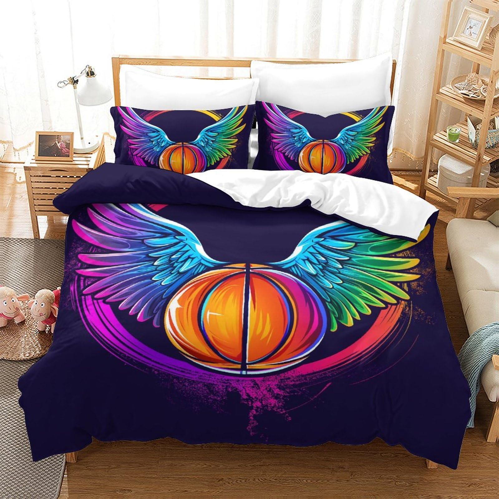 Housse de couette basket 3D 200x200 cm avec taies d'oreiller en microfibre pour lit enfant