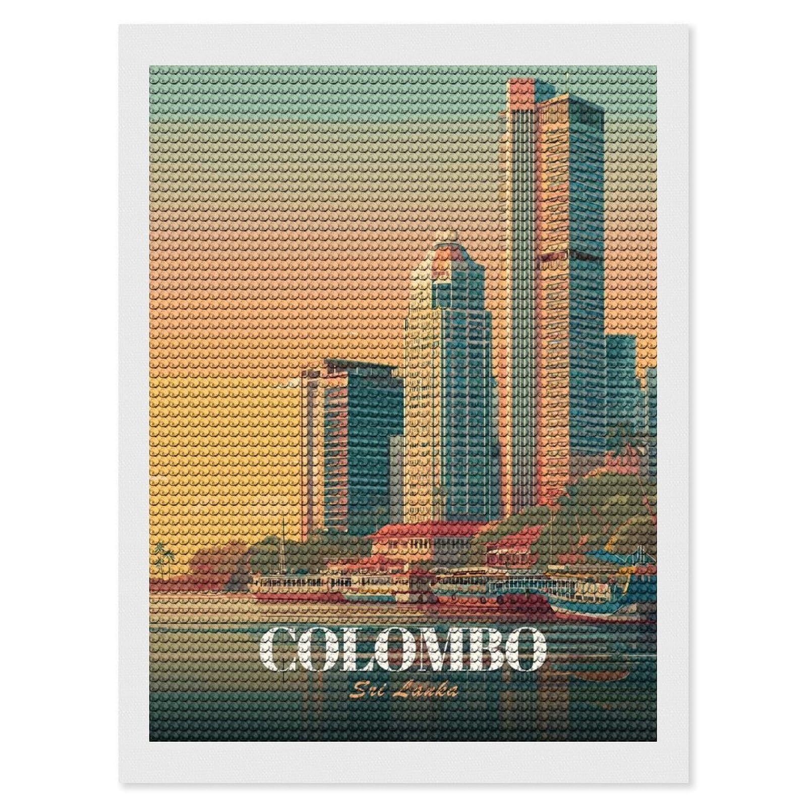 Junmoney Colombo, Sri Lanka Cityscape Diamond Painting Set 12"x16", Full Kit Included, Sparkling Round Gems, Farmhouse Decor, Festive Craft Gift