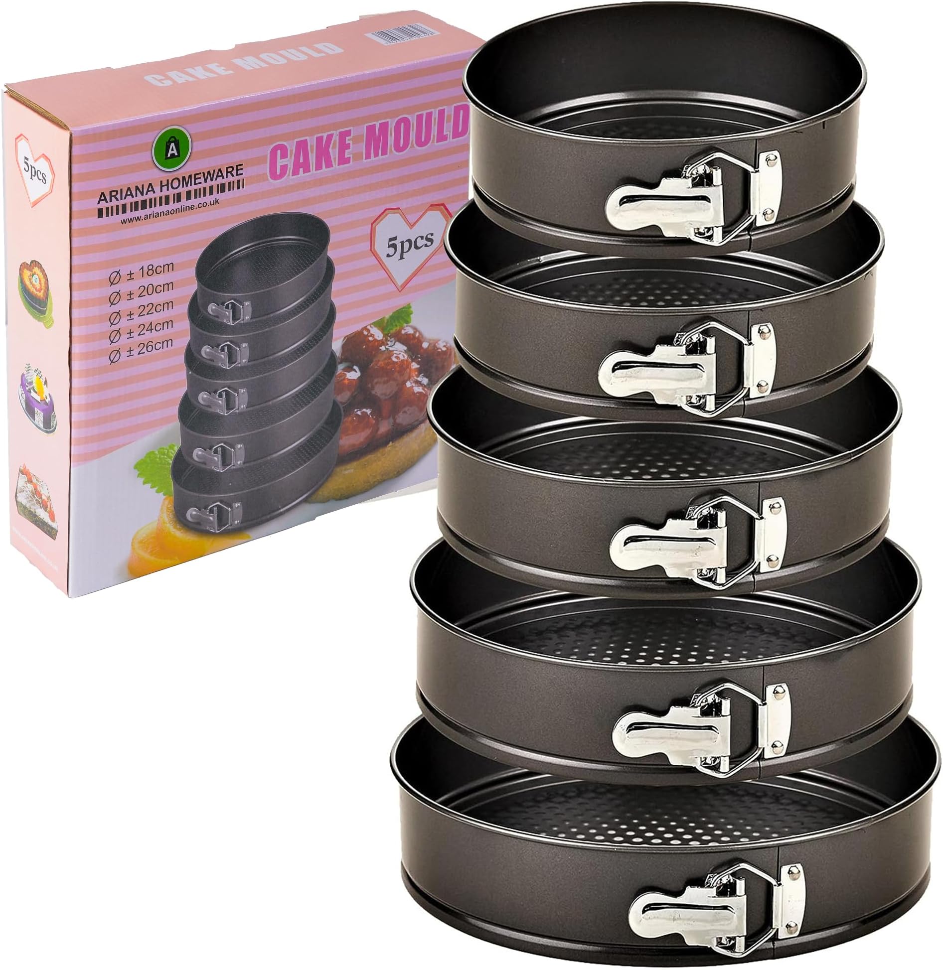 ARIANA HOMEWARE Set of 5 Round Cake Tins Springform with Removable Bottoms and Metal Handles Loose Base Baking Pan Tray Perfect for Cakes and Cheesecake – Sizes 18/20/22/24/26 CM