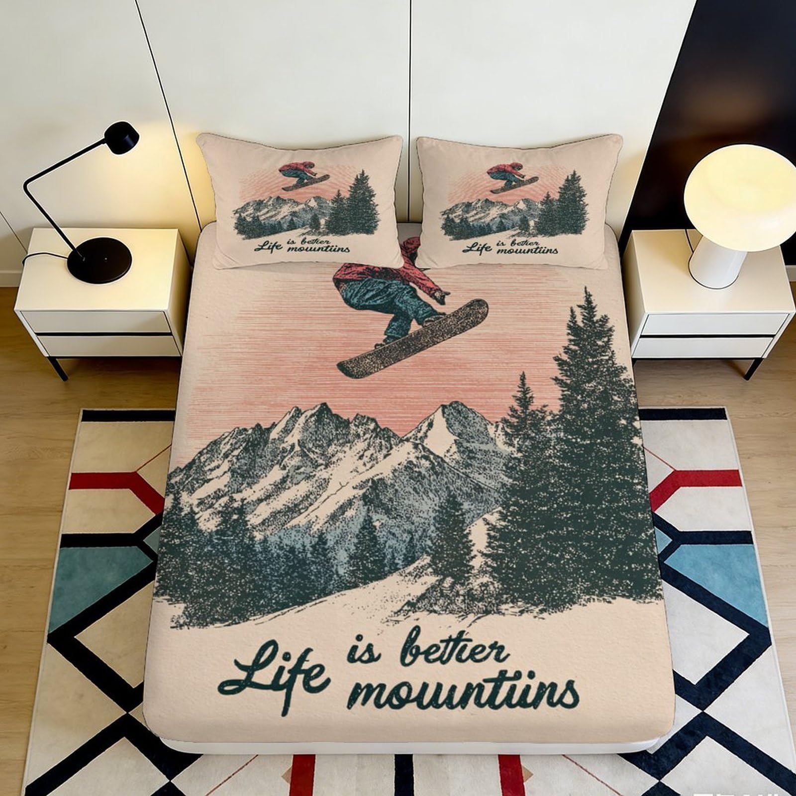 3D Printed Snowboard Mountain Fitted Sheet Microfiber Soft Breathable Forest Sunset Bed Cover for Bedroom Guestroom Decor 90x200x25cm