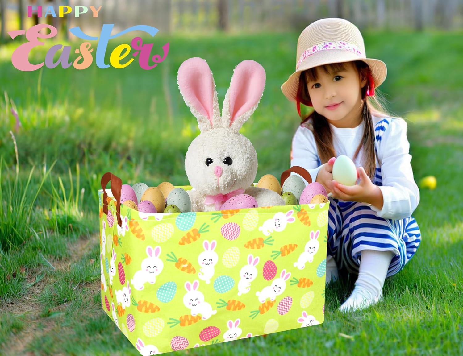 Rectangle Empty Easter Baskets Boy Large Toy Storage Bin Girls collapsible Hamper Waterproof Canvas Box Kid Gifts Spring Decor( Rabbit Carrot Egg ) image 5
