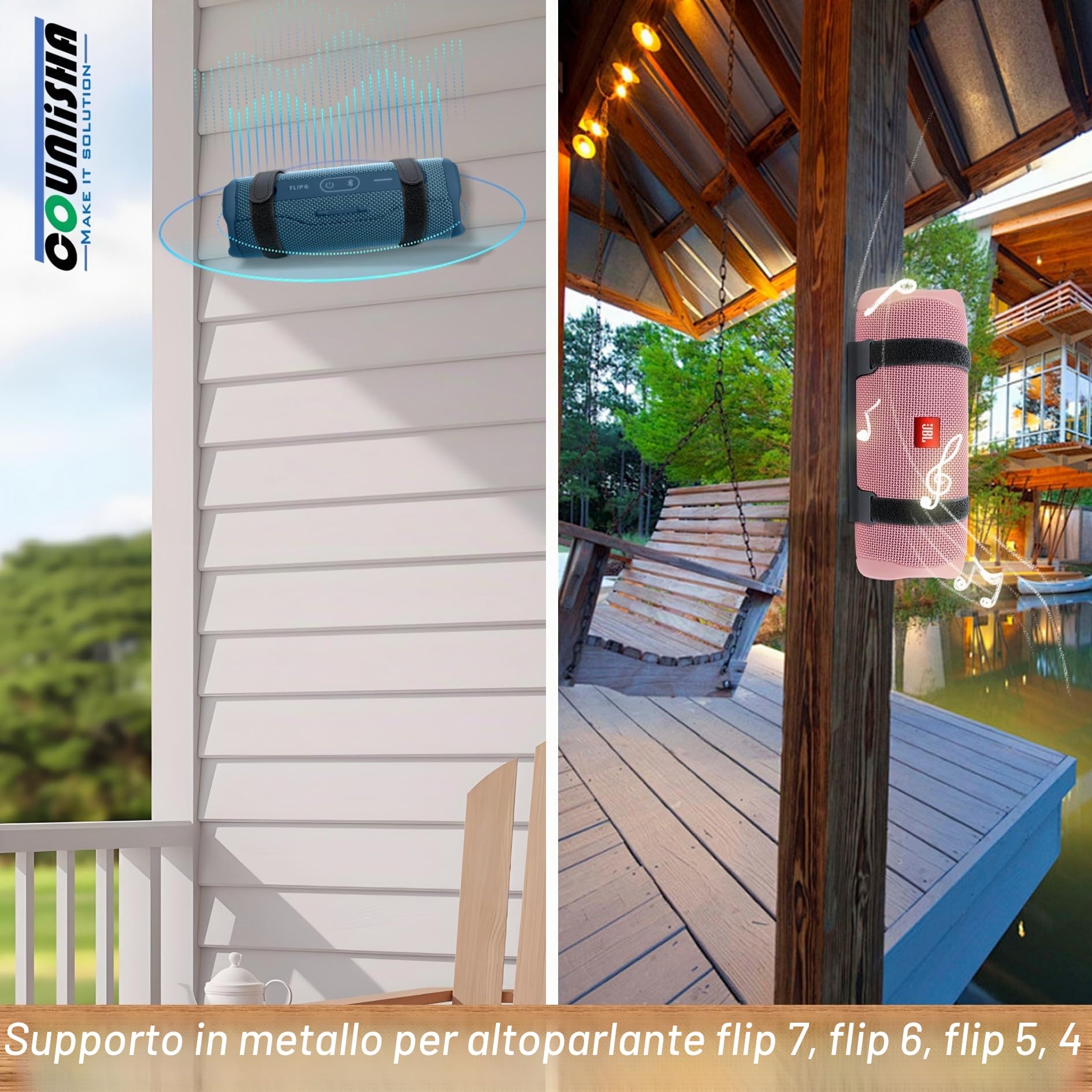 Supporto da parete in metallo compatibile con jbl Charge 6/Charge 5,4,3/Flip 7/Flip 6,5,4, supporto sicuro per mensola con cinghie in pelle regolabili, staffa da parete per altoparlante per