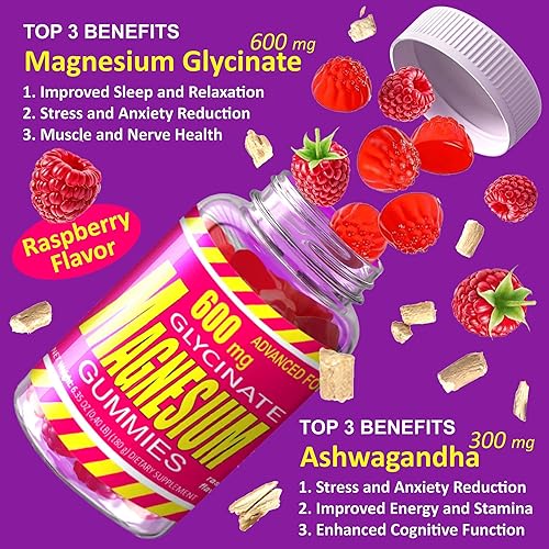 Miniatura 3 de Glicinato de magnesio 400 mg gomitas complejas con L-treonato, Ashwagandha, vitamina D y B6, CoQ10, potasio, calcio, alivio del estrés, gomitas para