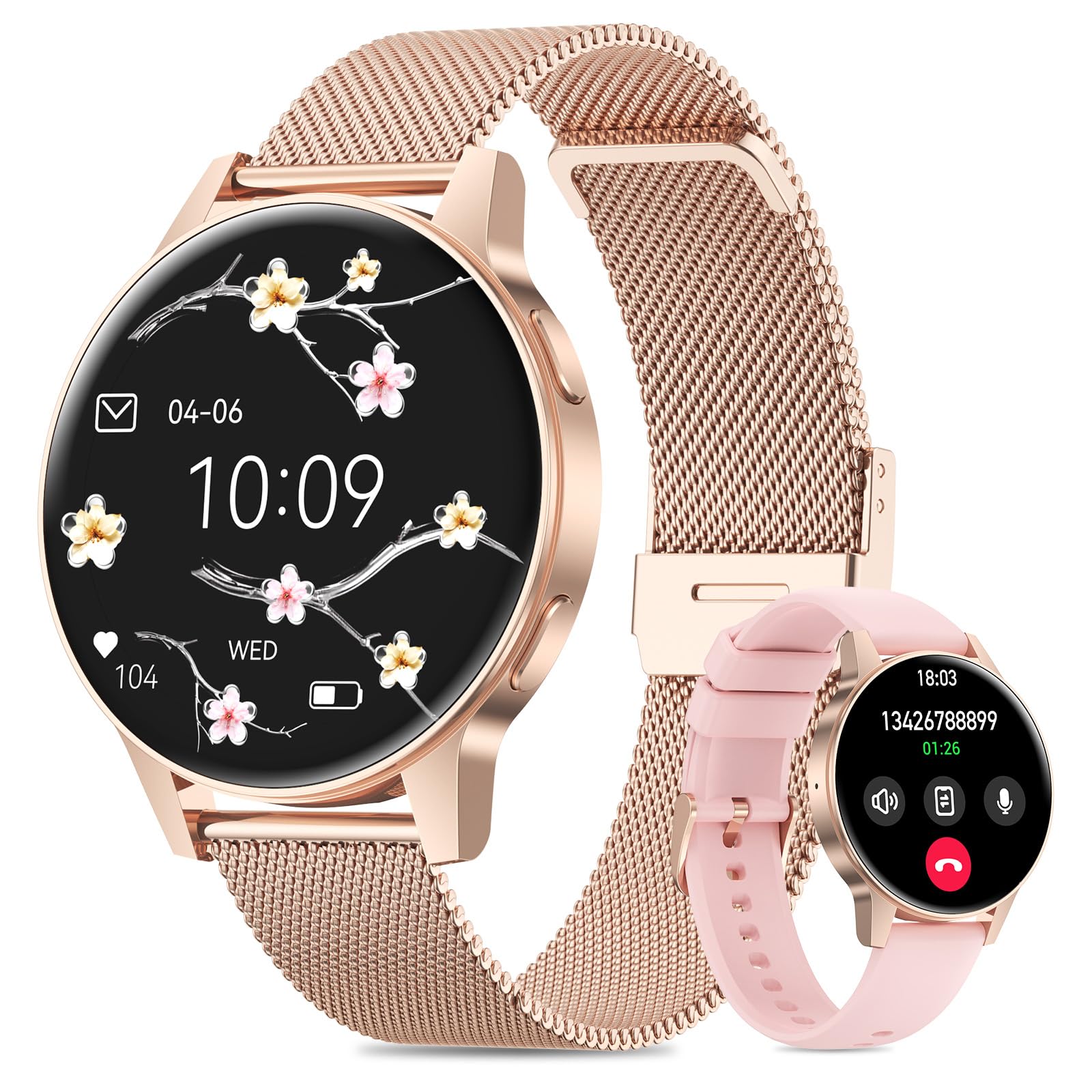 Miecgth 2025 Smartwatch Donna con SIRI/ET/HRV, 1.27" TFT Orologio Donna con Chiamate Cardiofrequenzimetro Ciclo Mestruale IP68 24H Sonno Caloria Fitness Tracker per Android & iOS (Oro rosa)
