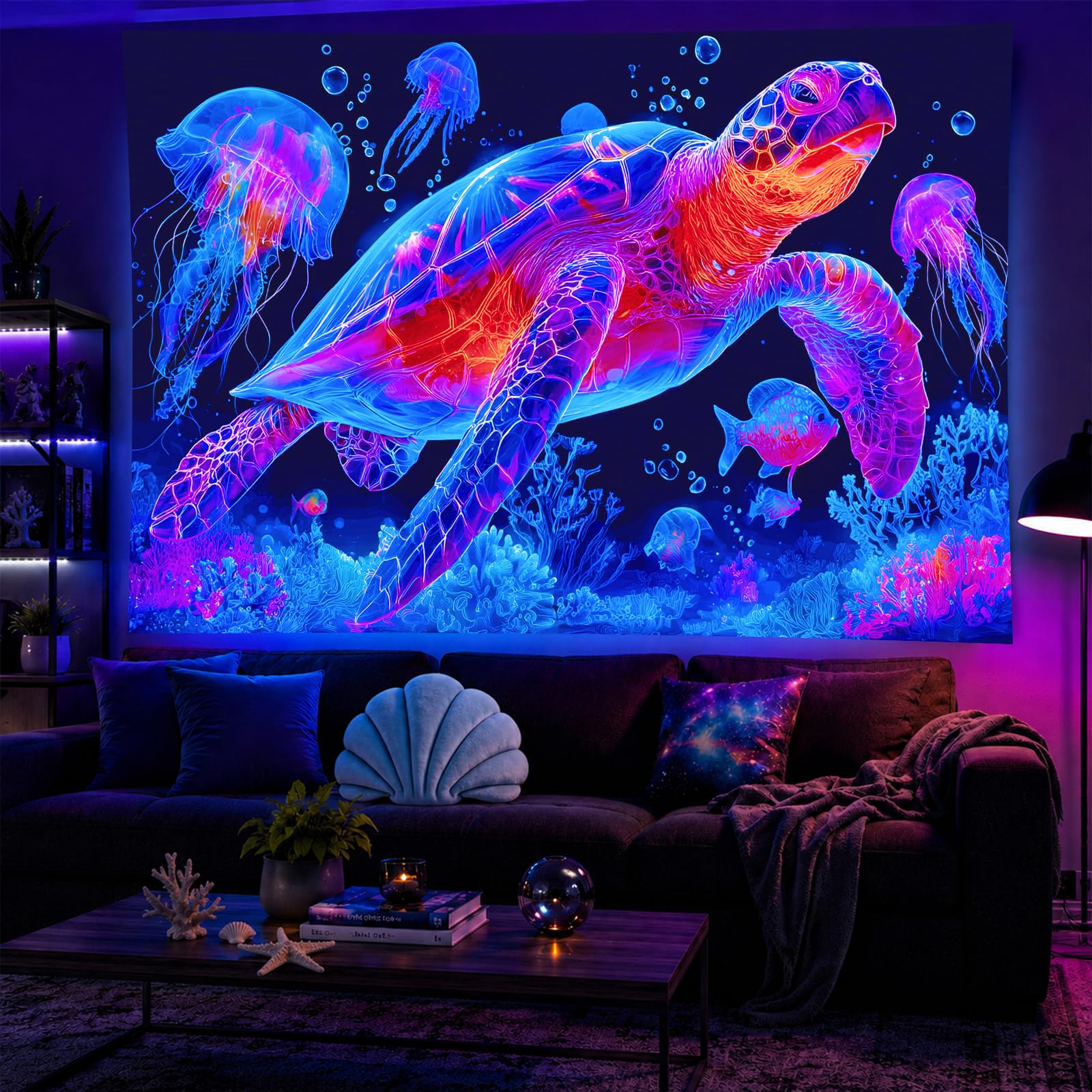 BlissYard Blacklight Tapestry Turtle Ocean Room Wall Art 78 x 59 Inch