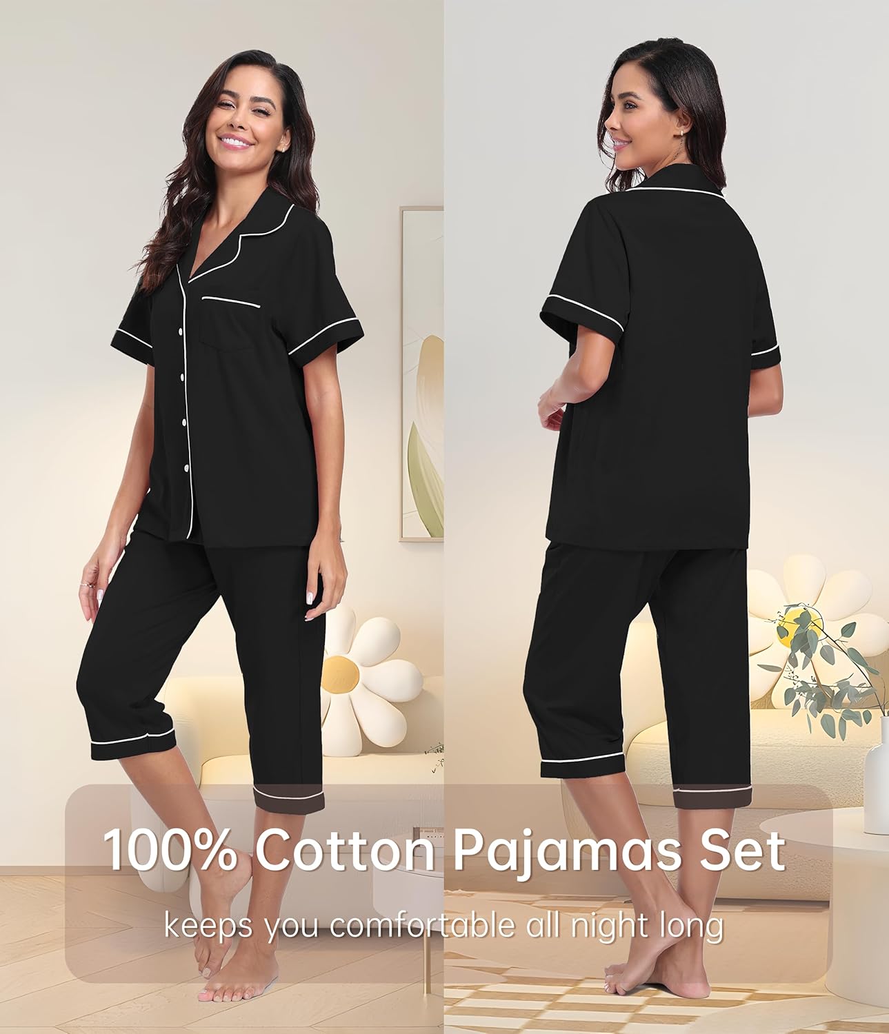 CF Women's 100% Cotton Pajamas Set Short Sleeve Top & Long Pants Sleepwear Button Down Pjs Sets Comfy Loungewear with Pockets - Image 2