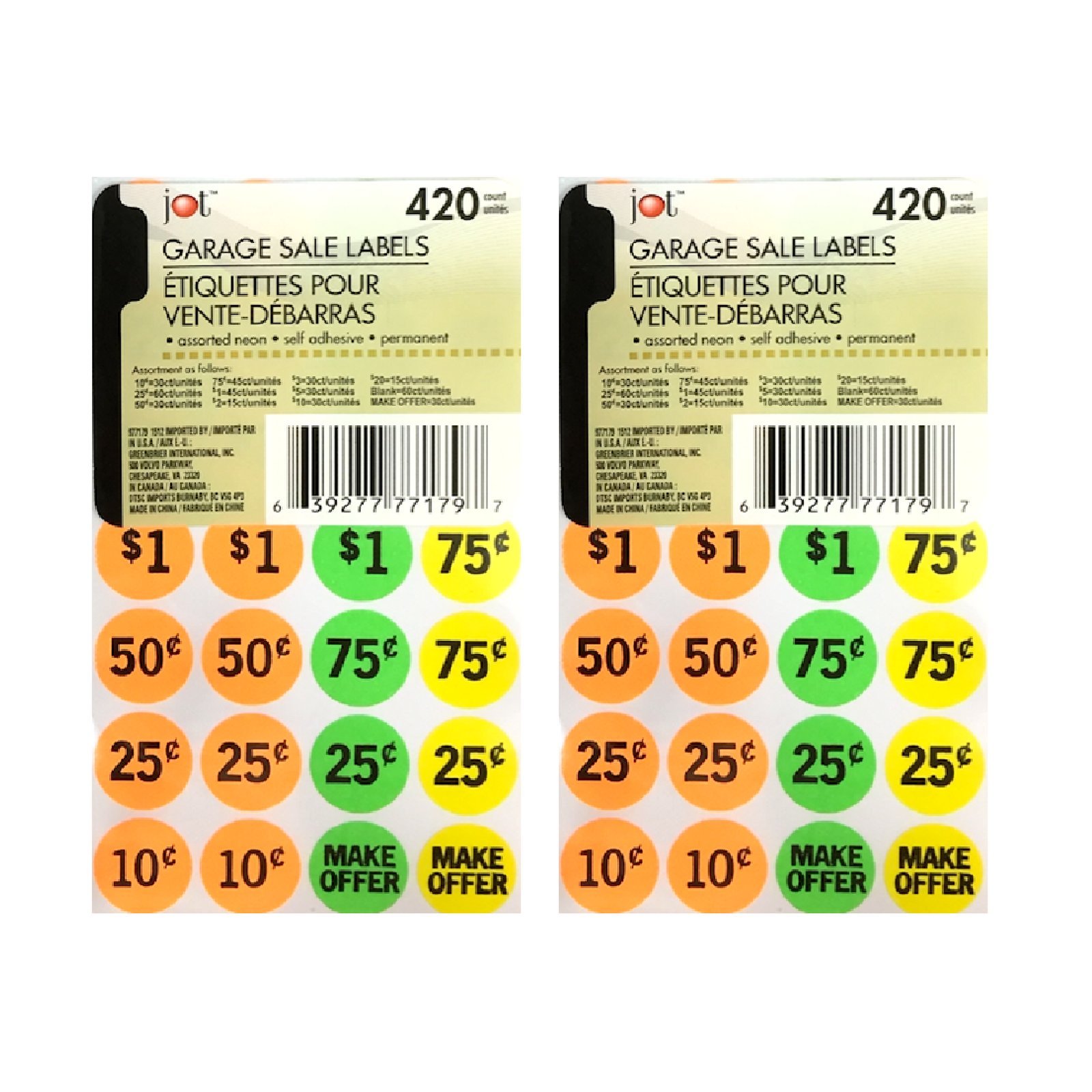 Neon Garage Sale Labels, 2-pack (840 Total) .75", Pre-printed and Blank