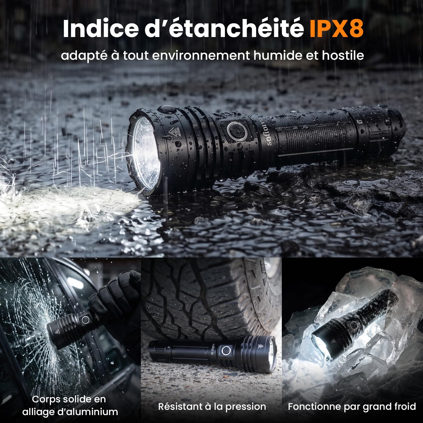 sofirn C8L Lampe Torche Tactique Lampe de Poche LED Puissante 3100 lumens, Portée de 531m, Lampe Tactique Rechargeable Militaire étanche IPX8, Pour Urgence, Recherche et Utilisation en Extérieur