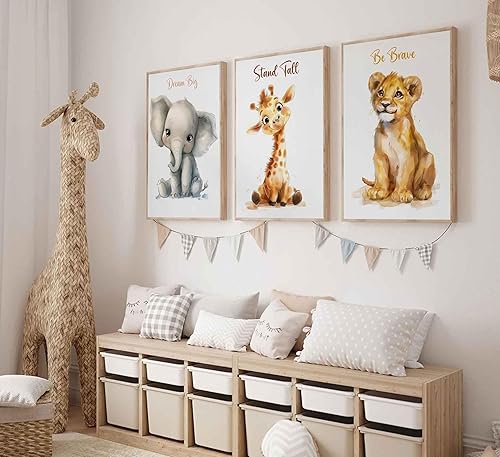 Miniatura 2 de 3 piezas de lienzo de safari para guardería, arte de pared para niños, lindo animal inspirador, león, jirafa, elefante, pintura, imagen, decoración