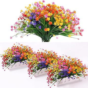Tinsow 24 Bundles Artificial Outdoor Flowers Plastic Flowers Greenery Fake Flowers, Faux Florals for Home Decor Window Box Garden Patio, Porch, Hanging Planter, 5 Colors
