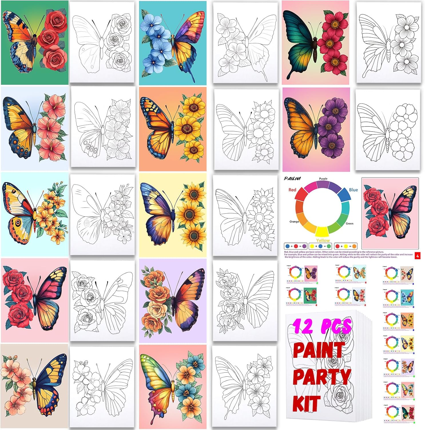 12Pcs 8x10 Pre Drawn Canvas for Painting for Adults Sip and Paint kit with Design Paint Party Favors Painting Supplies for Beginner Butterfly in Spring Valentine Day Romance Canvases Art Board Set