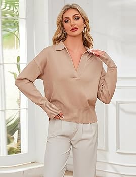 OLAPTA Women Knitted Lapel Collar Crop Sweater Polo V Neck Long