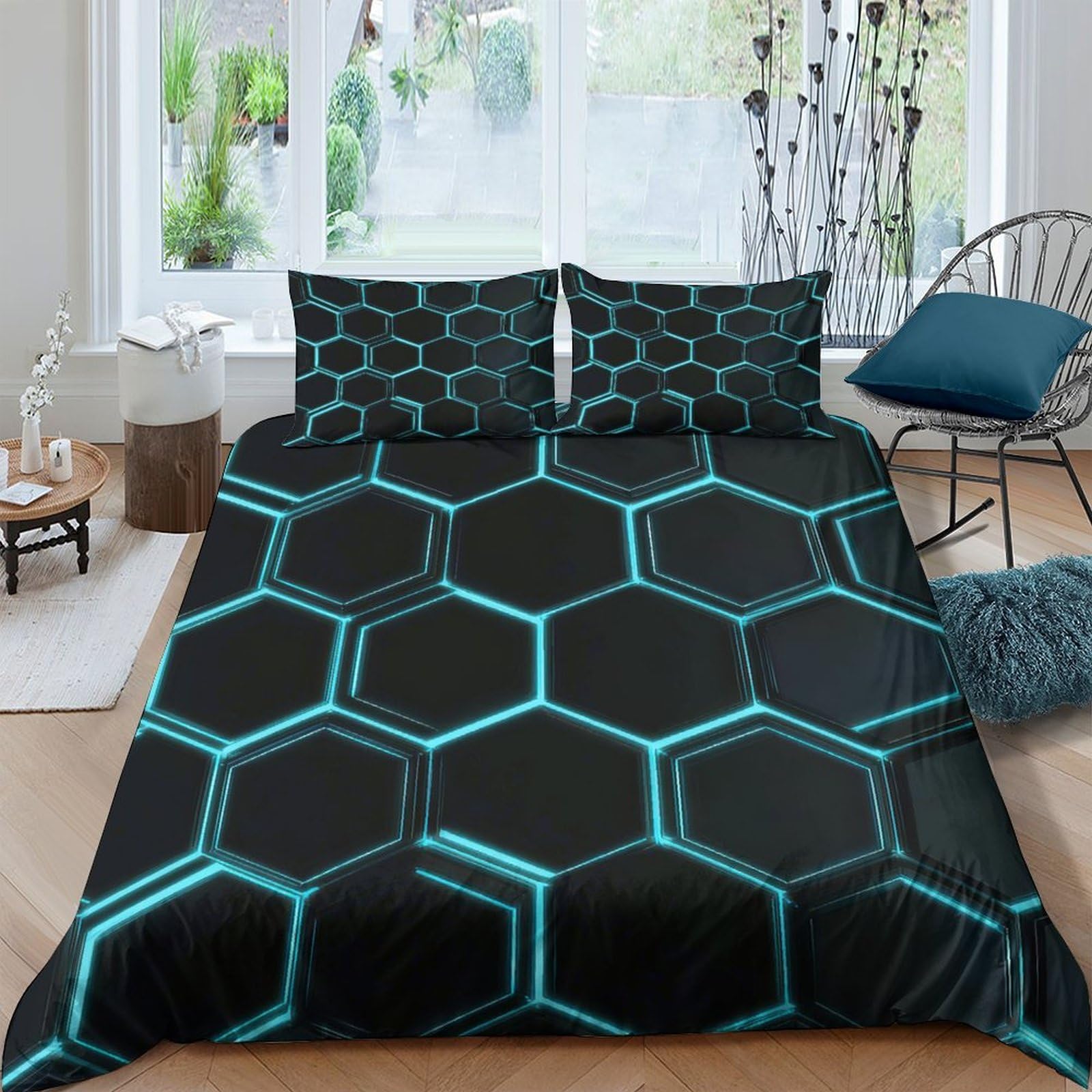 Ctjqhvkz Style-6 3D Printed Hexagon Geometric Fitted Sheet Microfiber Black Blue Futuristic Pattern Bed Cover For Bedroom Guest Room Single（135X200cm）