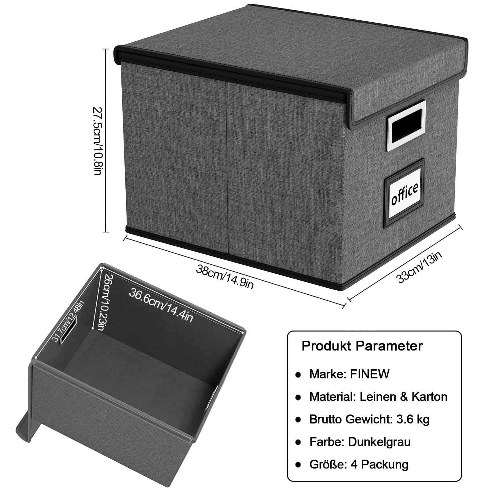 FINEW Caja de almacenamiento plegable de tela con tapa, caja para carpetas colgantes DIN A4, cajas de almacenamiento para oficina, caja plegable para familias (gris oscuro) 4 unidades