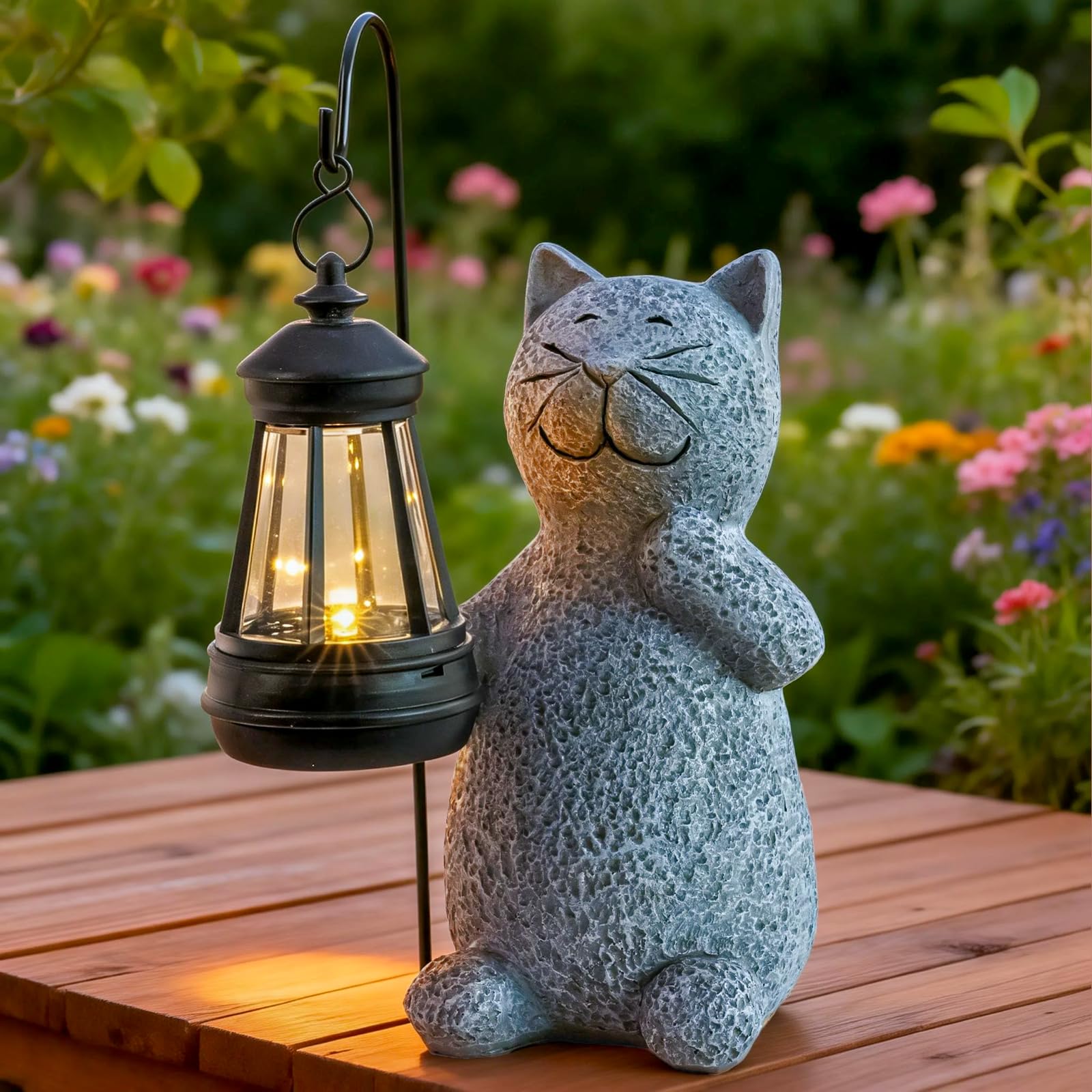 Statue de chat solaire en résine grise 20 cm avec lanterne