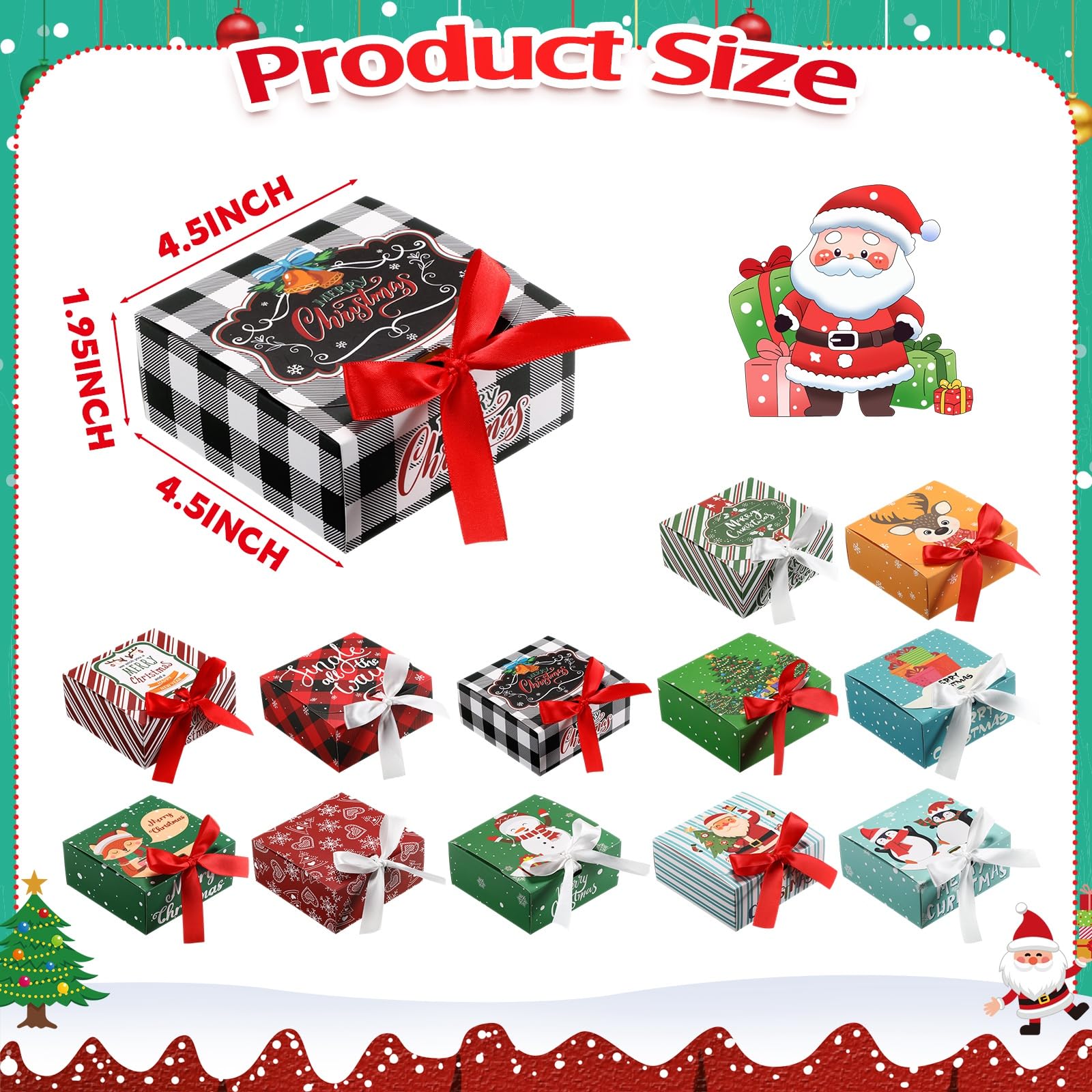 Cholemy 60 Stück Weihnachts-Geschenkboxen mit Deckel, 11,4 x 11,4 x 4,95 cm, Keksboxen mit Schleife, leere Brautjungfernboxen für Weihnachten, Antrag, Urlaub, Geschenkkarte, Schokolade, Basteln,