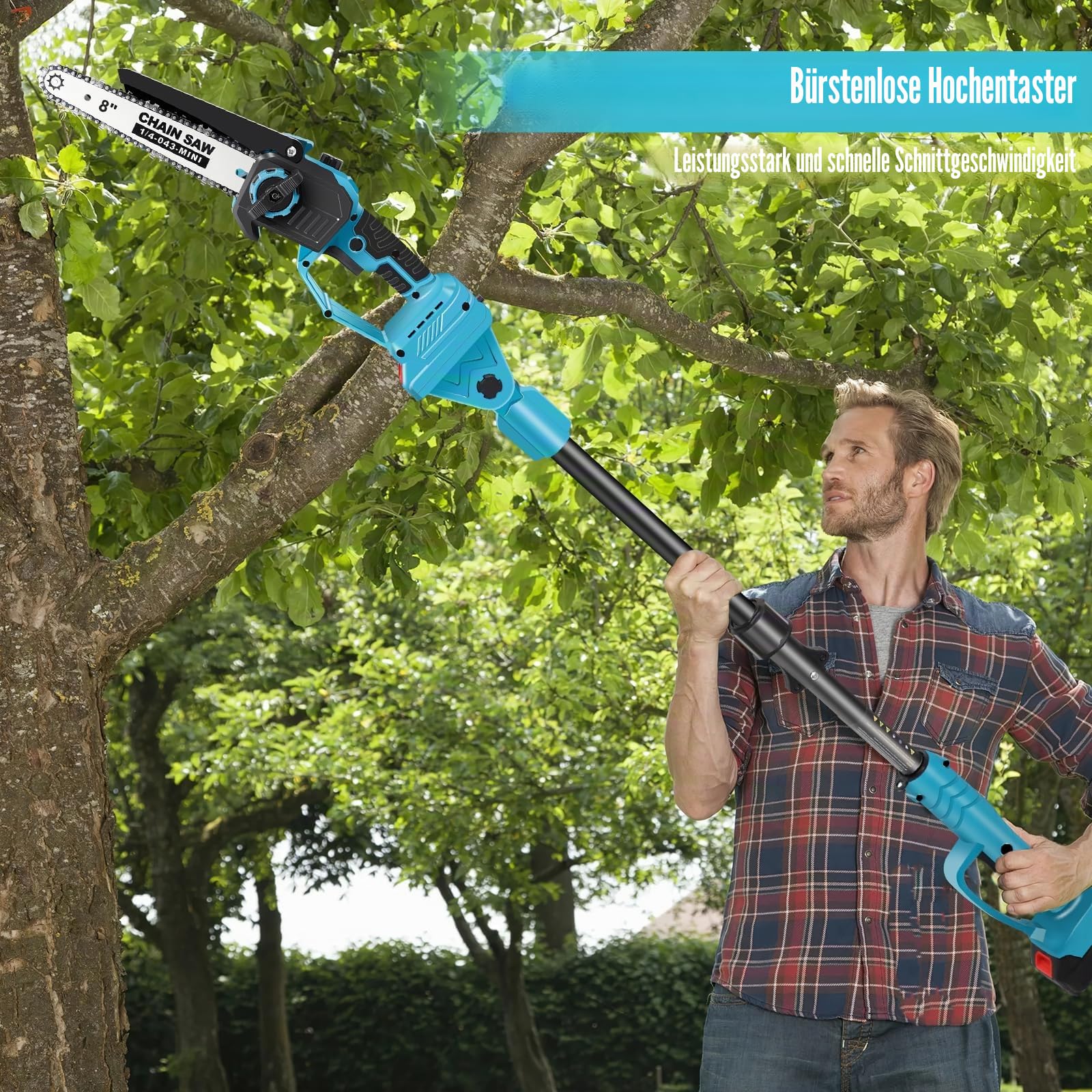 Hochentaster Akku 8 Zoll für Makita 21V, Bürstenlose Teleskop Astsäge, 2 IN 1 Mini 8 zoll Akku Kettensäge und Teleskop Elektro Hochentaster Astsäge Arbeitshöhe bis 4,5m (2 Akku)