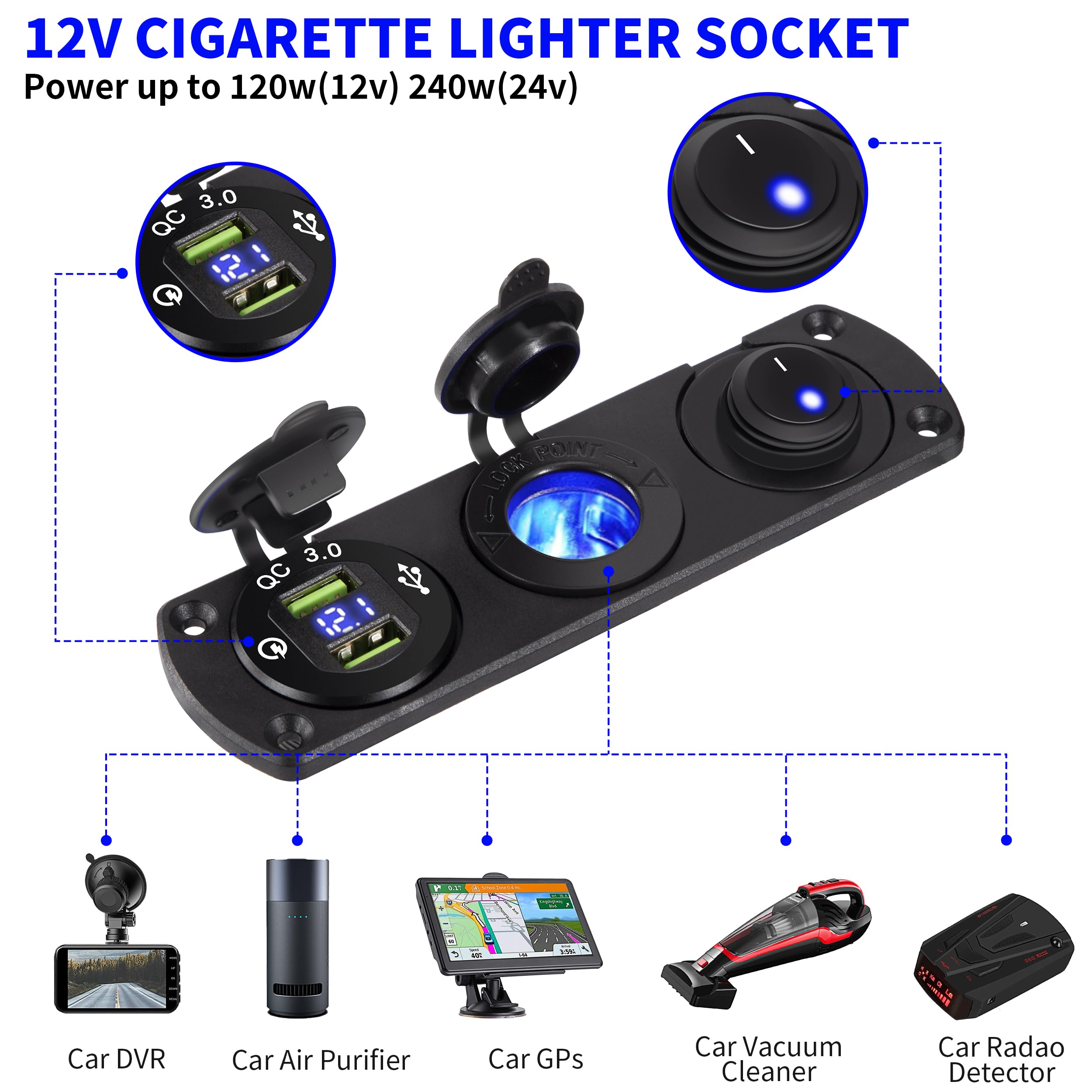 Presa Accendisigari Pannello 12V Caricabatteria da Auto QC3.0 USB Dual Porte con Voltmetro LED e Interruttore per Veicoli Auto Barca Camion Caravan