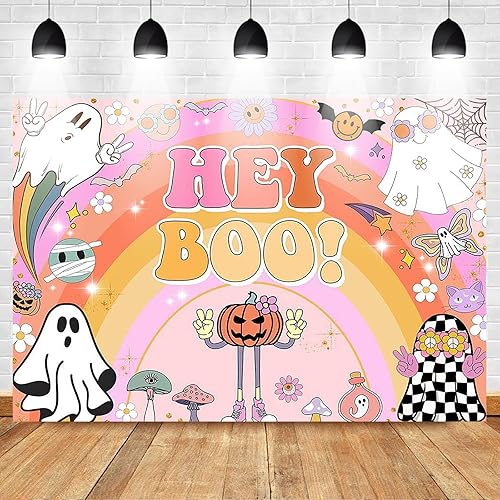 Miniatura 2 de Mocsicka Hey Boo - Telón de fondo Groovy Rainbow para Halloween, decoración de fiesta de baby shower, fondo lindo de calabazas de Halloween, baby