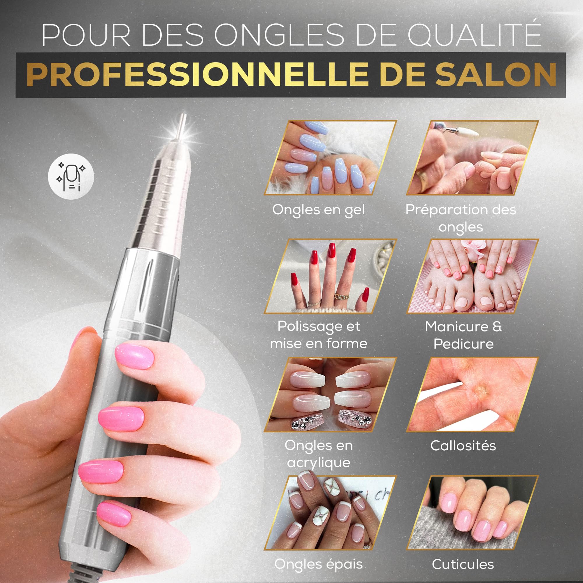 Ponceuse pour Ongles professionnelle 45000RPM - Puissante et Silencieuse -15H d'autonomie - Écran LCD - Embout Céramique - Manucure/Pédicure - 11 Embouts de ponçage - 6 bandes abrasive (LILAS)
