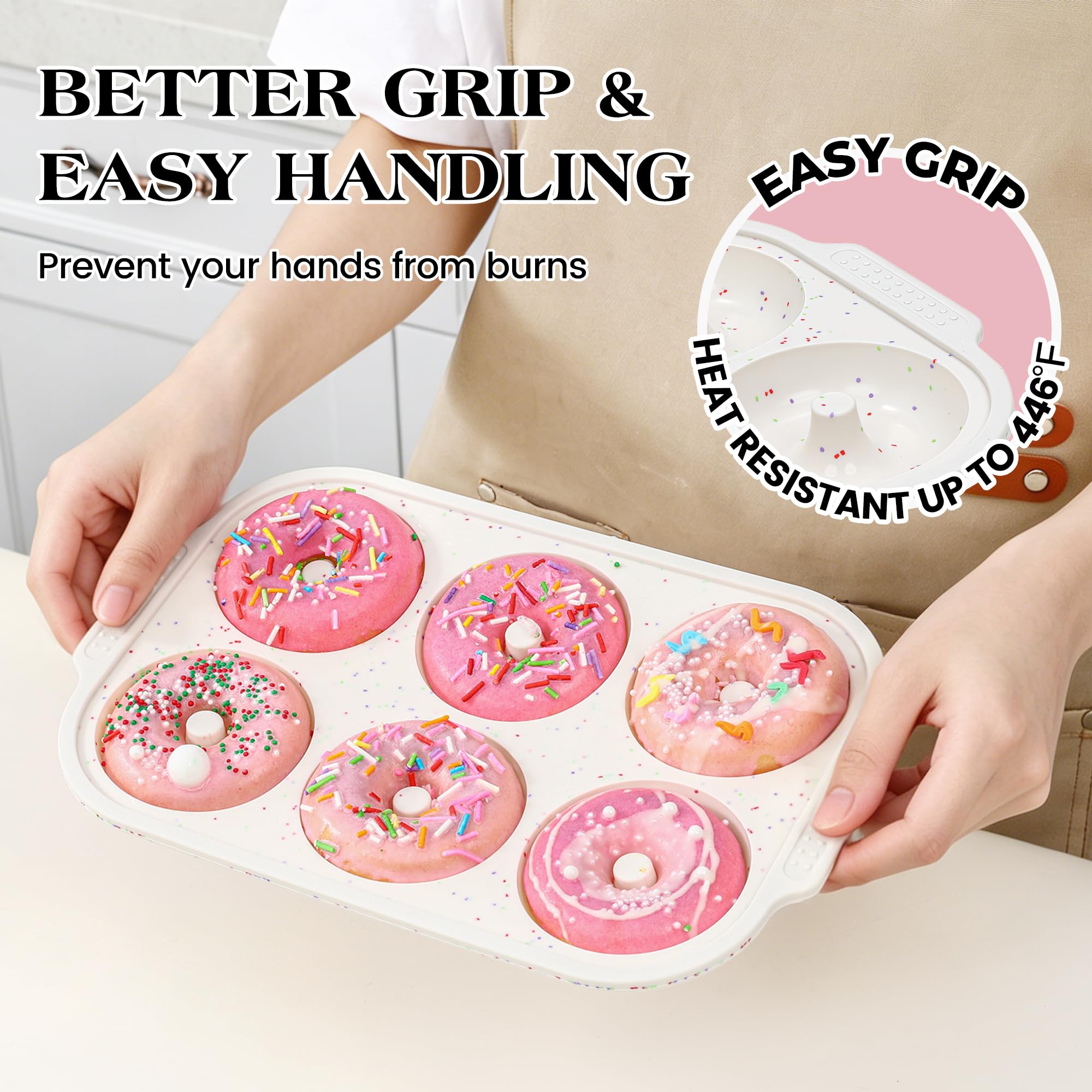 KASHME Lot de 3 moules à beignets en silicone pour la cuisson de beignets - 6 cavités - Antiadhésifs - 8,2 cm - Grand moule à bagel avec cadre renforcé en métal (crème)