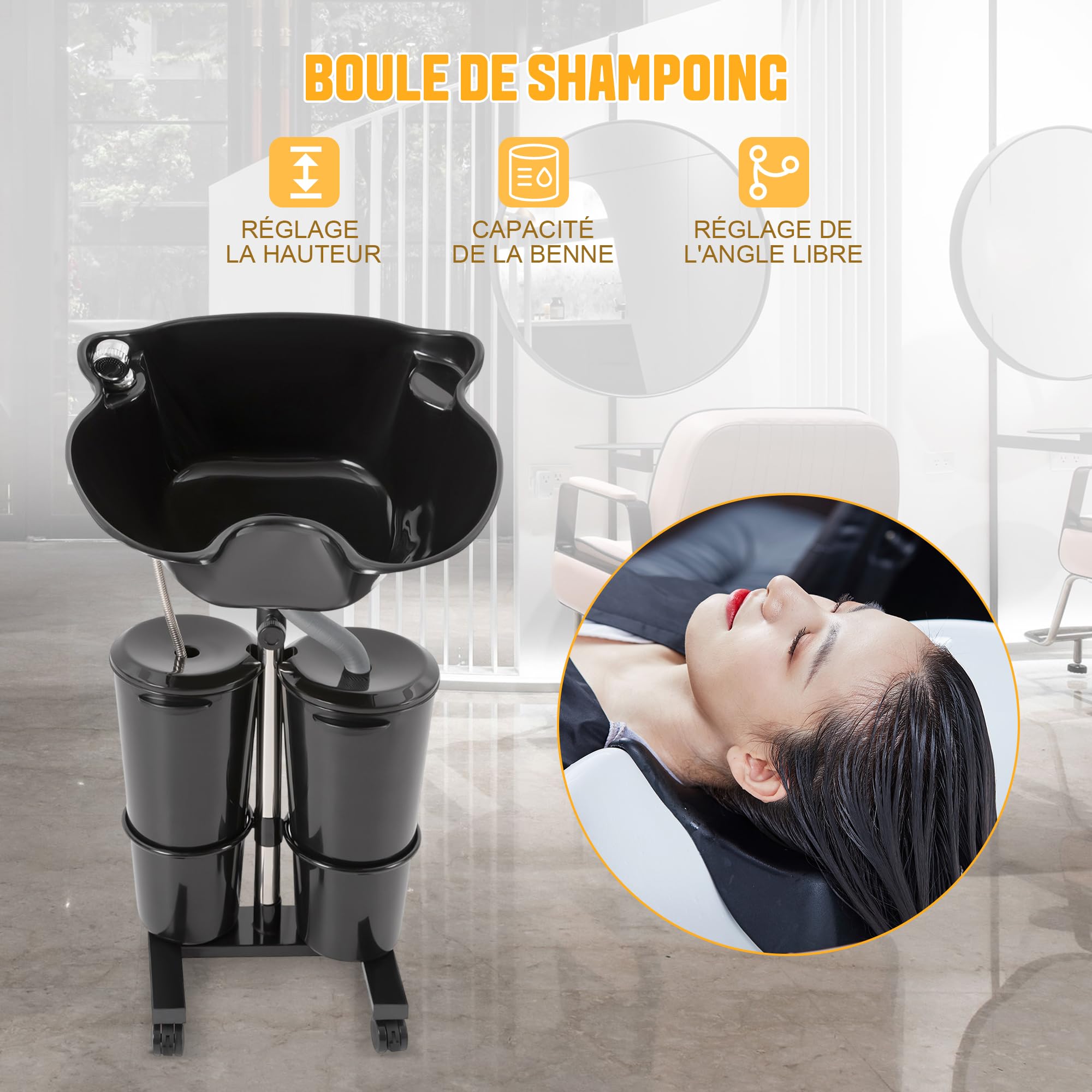 Bol à shampooing portable avec double seau et hauteur réglable ménage Lavabo de salon portable Convient pour les familles et les coiffeurs (noir)