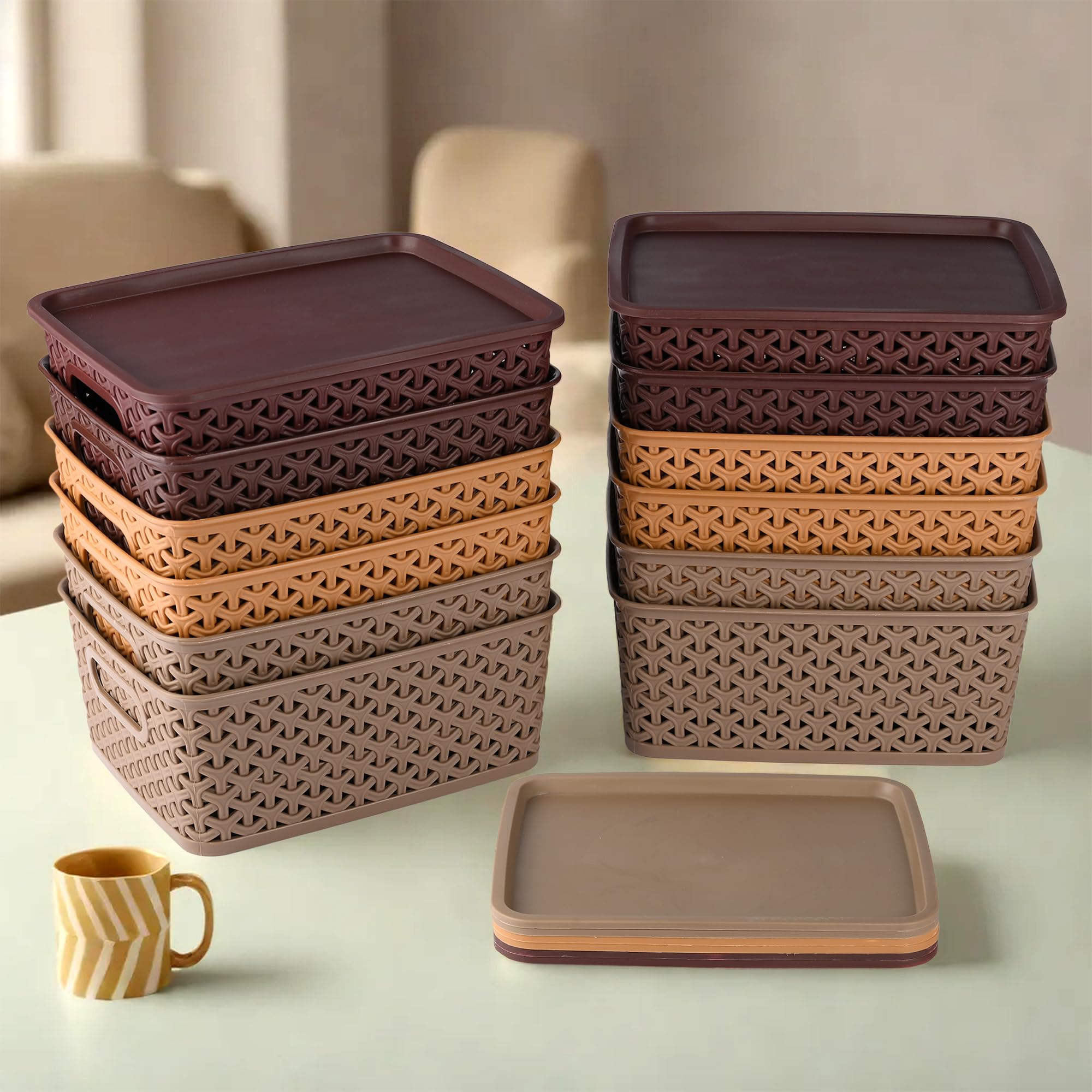 Kuber Industries Pack of 12 Multipurpose Solitaire Storage Basket with Lid|Strong Plastic Material & Side Grip|Size Small 25 x 19 x 10.5, (Multi)-CTLTC010898