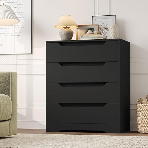 Miniatura 2 de HOSTACK Cómoda negra, cómoda de 4 cajones, cómoda moderna con asas recortadas, aparadores pequeños con cajón, organizador de cofre de maquillaje de
