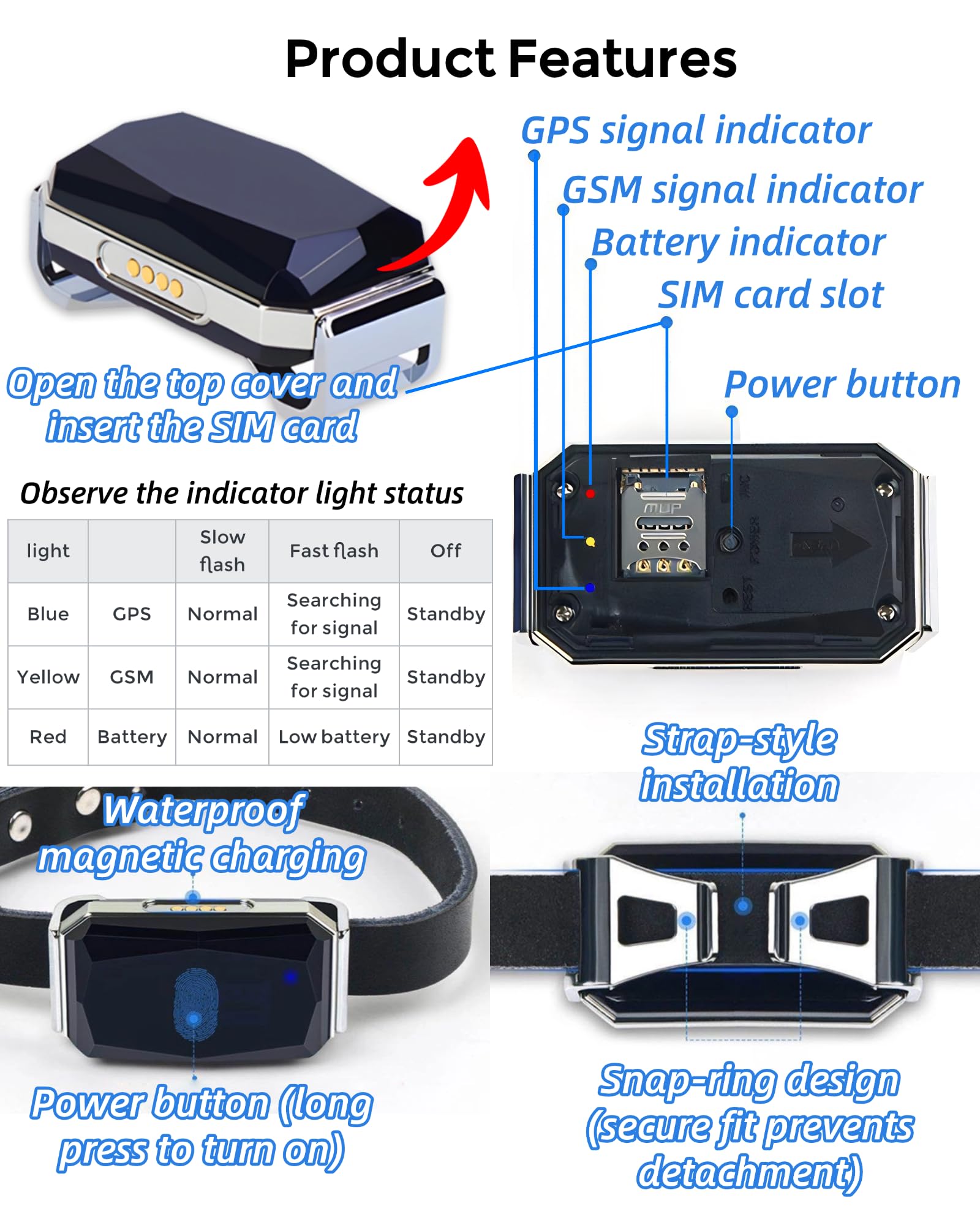 Smart GPS Hunde-Tracker, lebender Haustier-Tracker, virtueller Zaun, 10 Tage Akkulaufzeit, zugfestes Hundehalsband, IP67 wasserdicht, einfache Bedienung über proprietäre APP