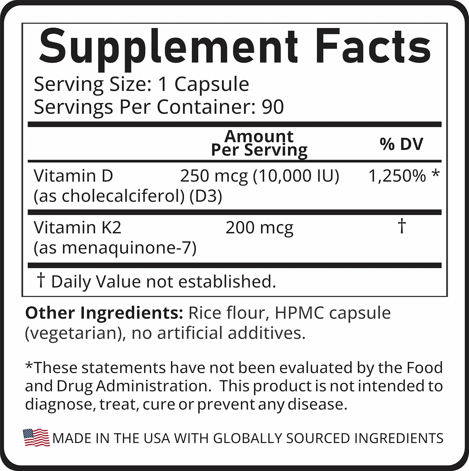Vitamin D3 + K2, 10,000 IU D3, 200 mcg K2, 90 Capsules