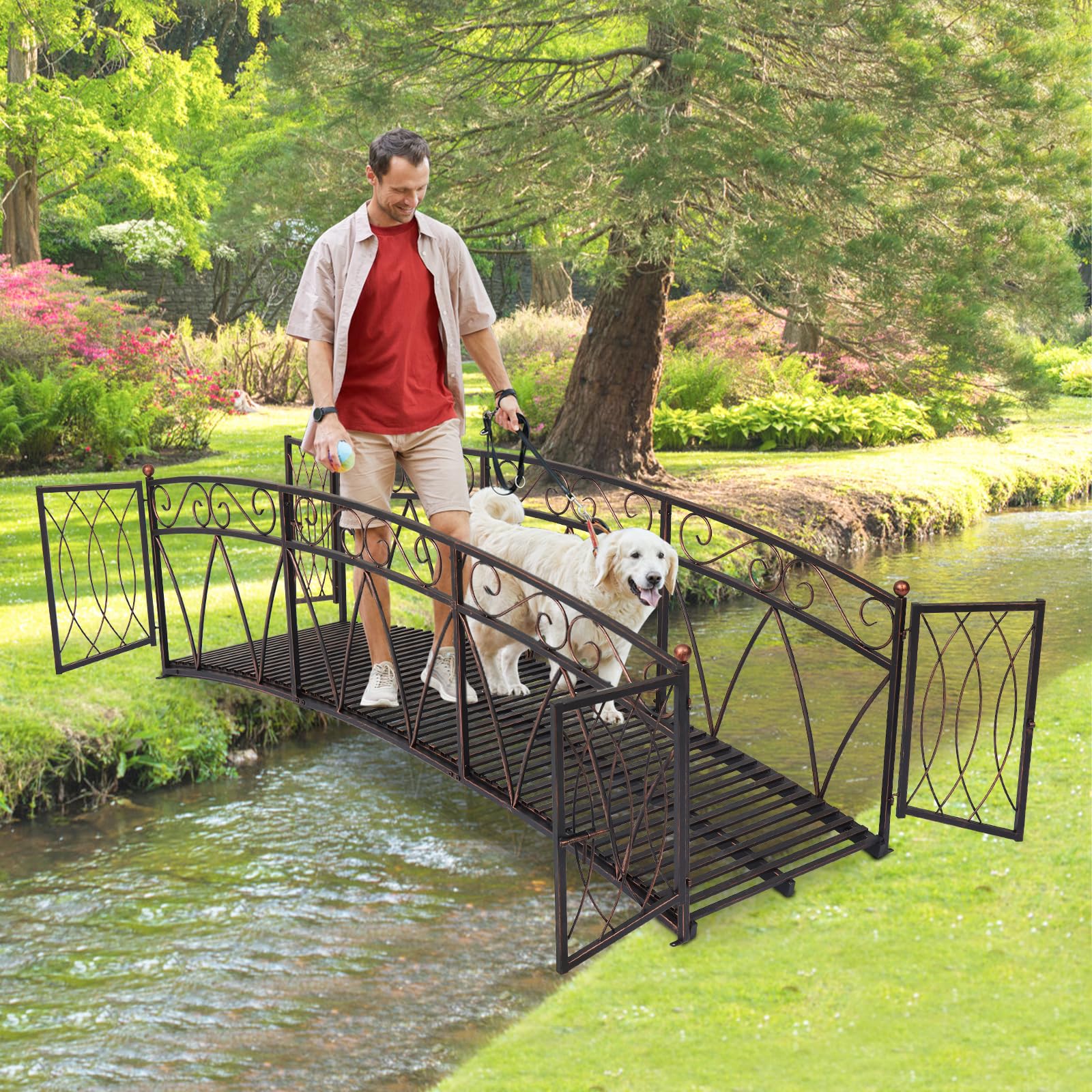 JSUN7 Metal Garden Bridge 8FT - Garden Bridges for Outdoors, Garden Bridge with Gates and High Guardrails, Decorative Footbridge Bridge for Garden, Pond, Creek, Stream, Backyard, Black Gold
