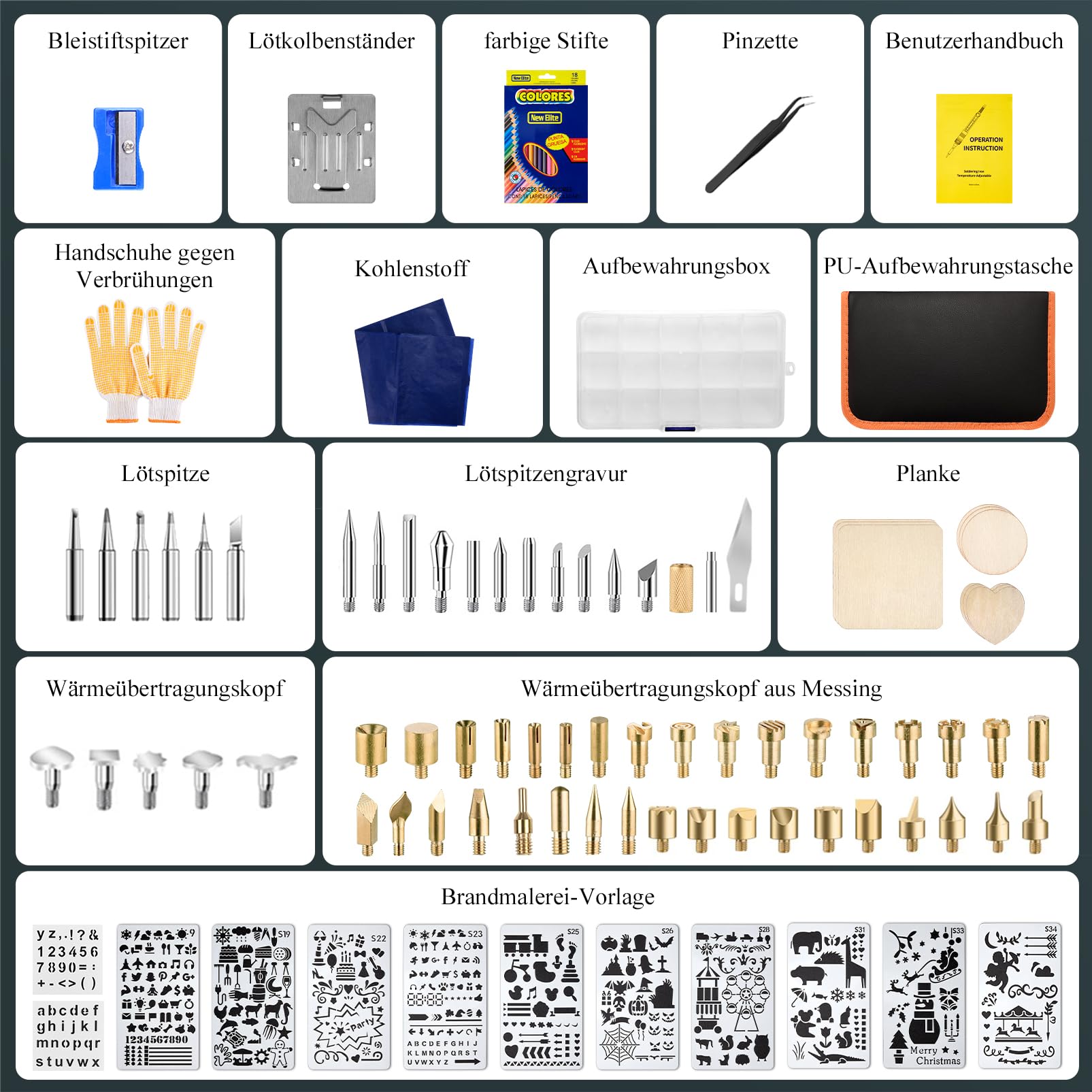Kit de pirograbado de hierro para soldar electrónico – 113 unidades, 60 W, soldadura, herramientas, temperatura ajustable, 200 – 450 °C, para grabado en madera y cuero, bricolaje, arte soldadura