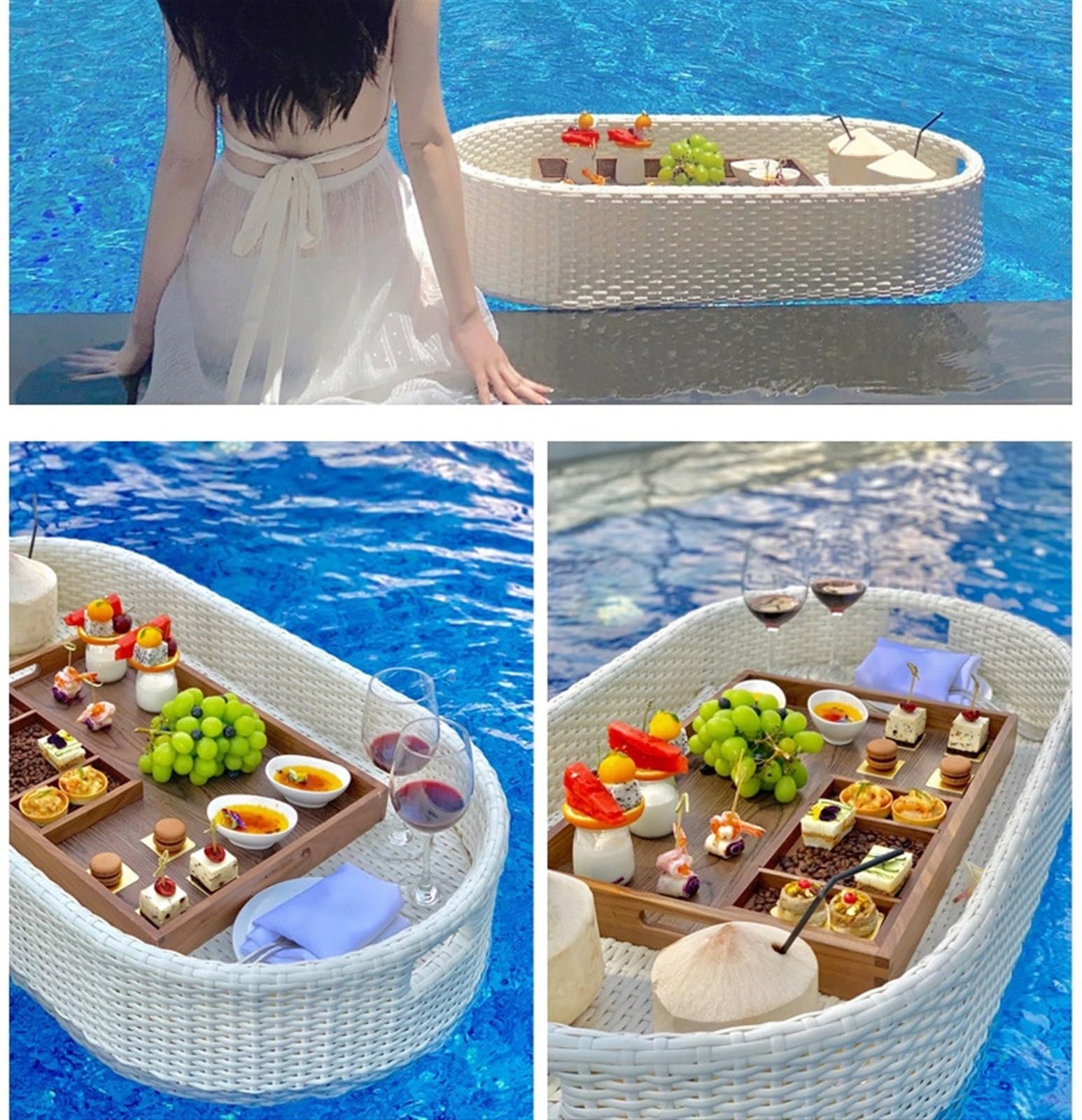 Getränkehalter Pool für Sommer Rattan Schwimmendes Tablett Serviertablett Tisch Bar Schwimmbad Schwimmt Für Sandbänke Spas Partys Inflatable Bar Pool