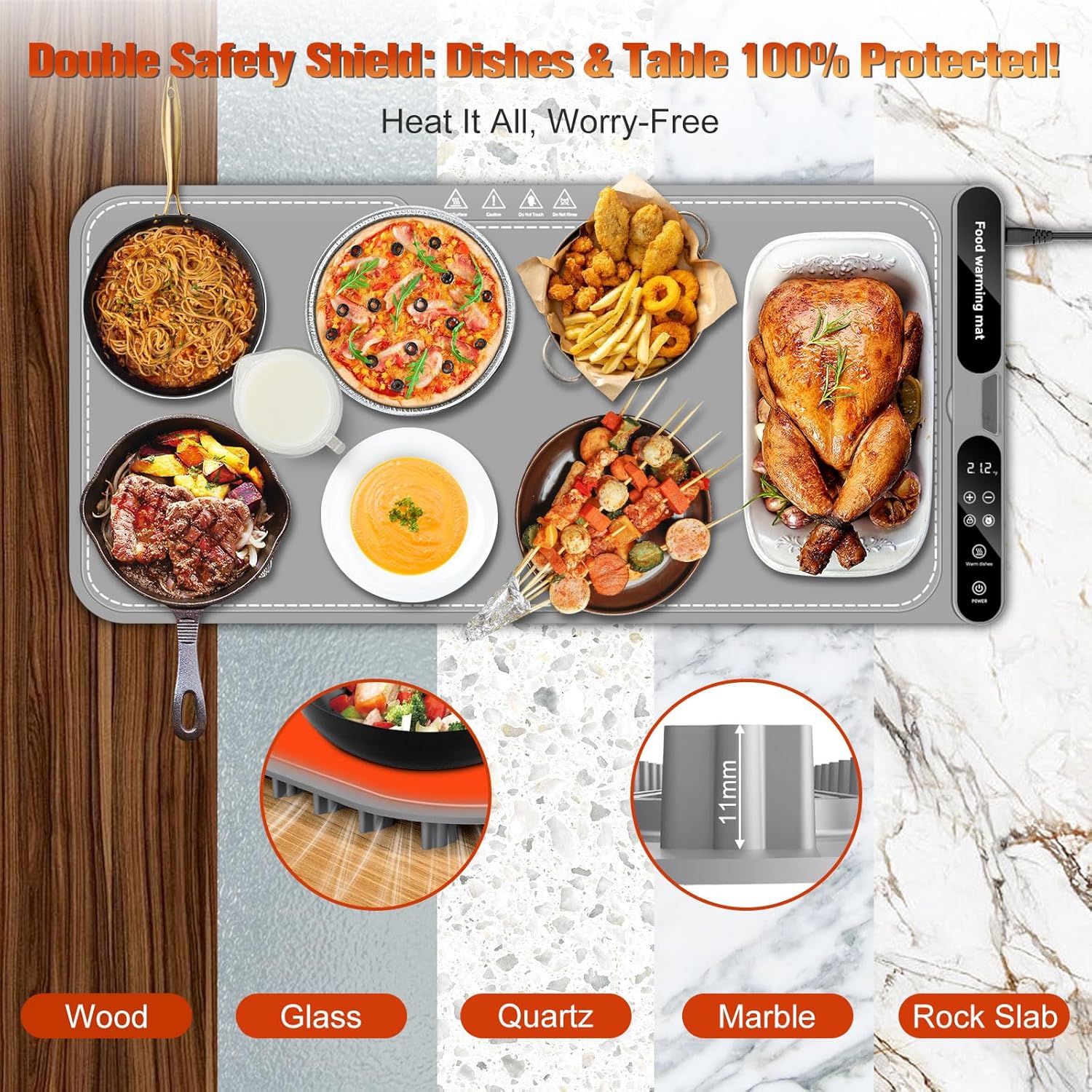 Warming Mat for Food Extra Large, Electric Warming Tray, 15"x31.5" Silicone Heating Mat with 7 Level Adjustable Temp and 8 Hours Timer, Food Warmer for Parties Buffet Home Travel, Dark Gray