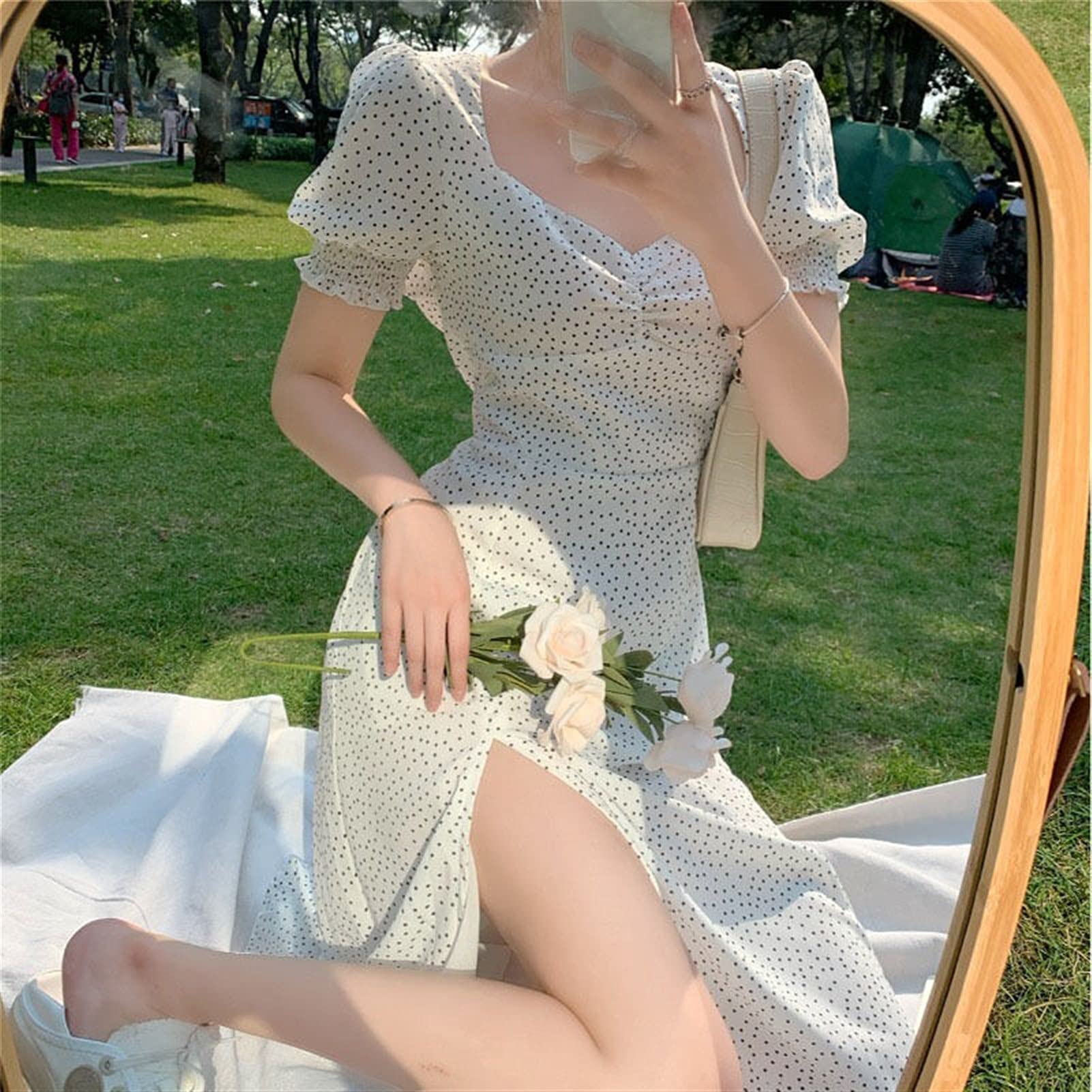French Chiffon Dress Women Puff Sleeves Point Print Vintage Retro Dress Office Lady Casual Summer Elegant Slit Dress Women (Color : White, Size : XXX-Large) Fashion