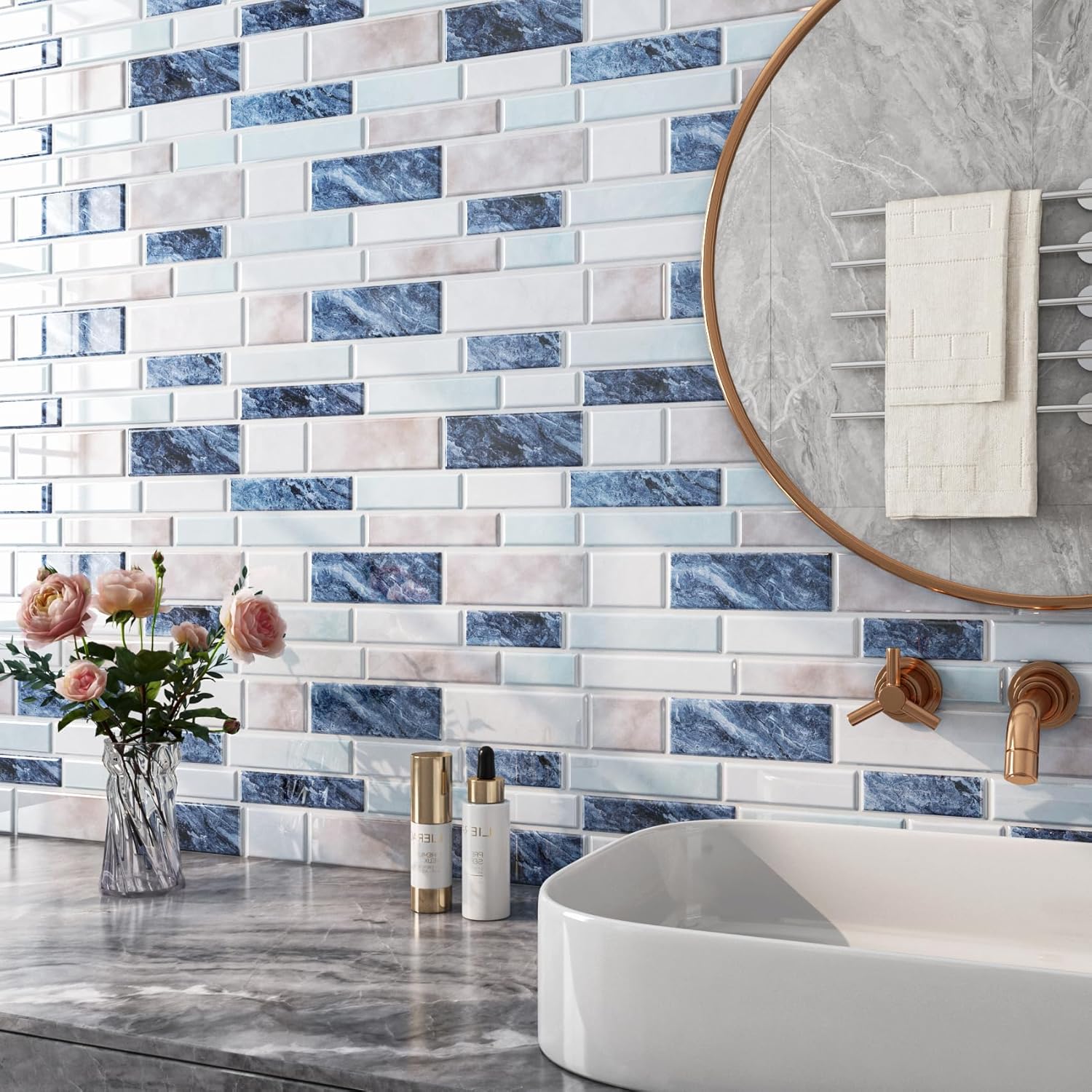 FunStick 15-Sheet Blue and White Peel and Stick Backsplash Tile Stickers for Kitchen Bathroom Marble Self Adhesive Wall Tiles 12"x12" Removable Back Splash Stick on Tiles for Kitchen Shower Renters