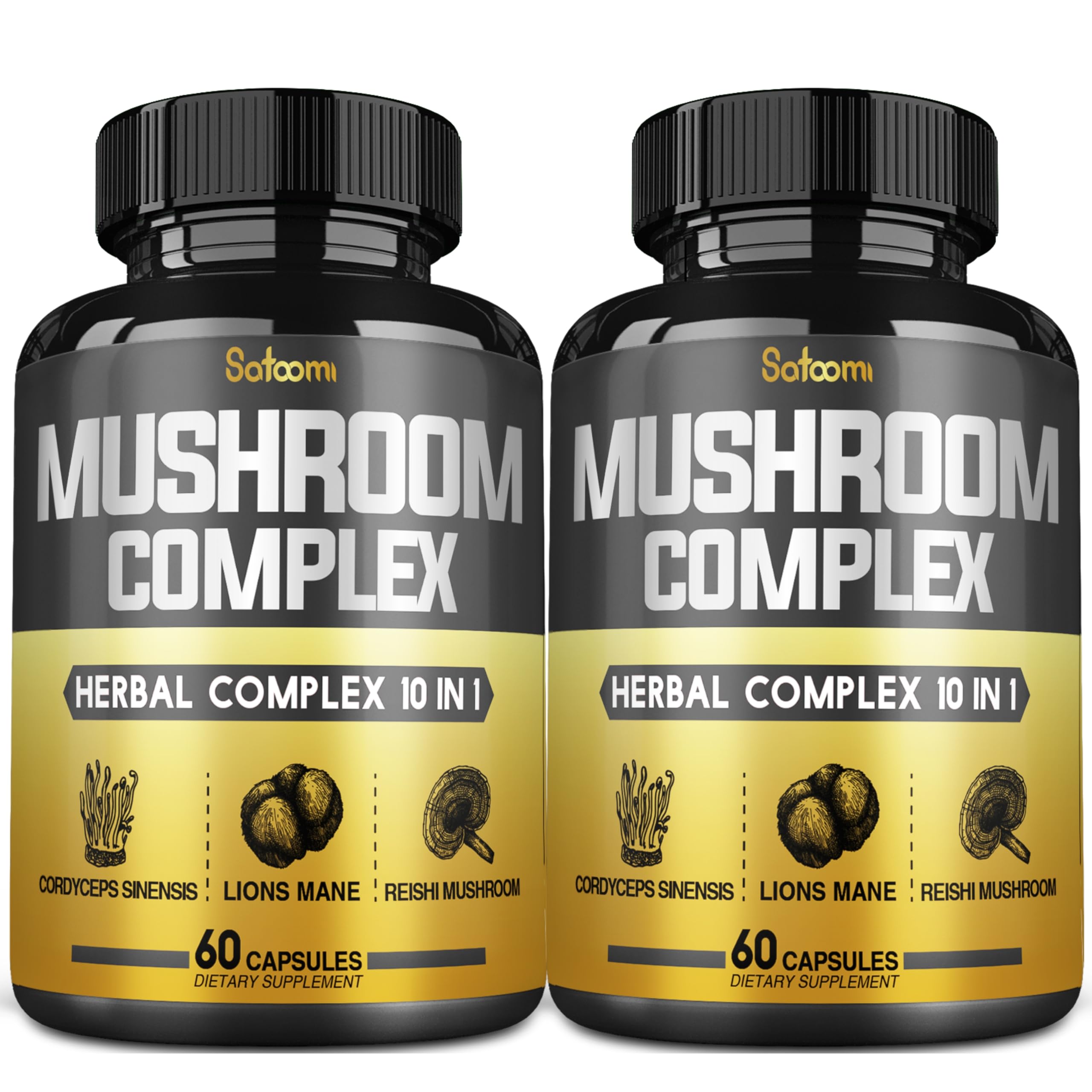 Satoomi 10in1 Mushroom Complex Supplements Capsules - 4 Month Supply - Blends with Lions Mane, Cordyceps, Reishi, Chaga, Maitake, Shitake & Others - 2 Packs 60 Capsules