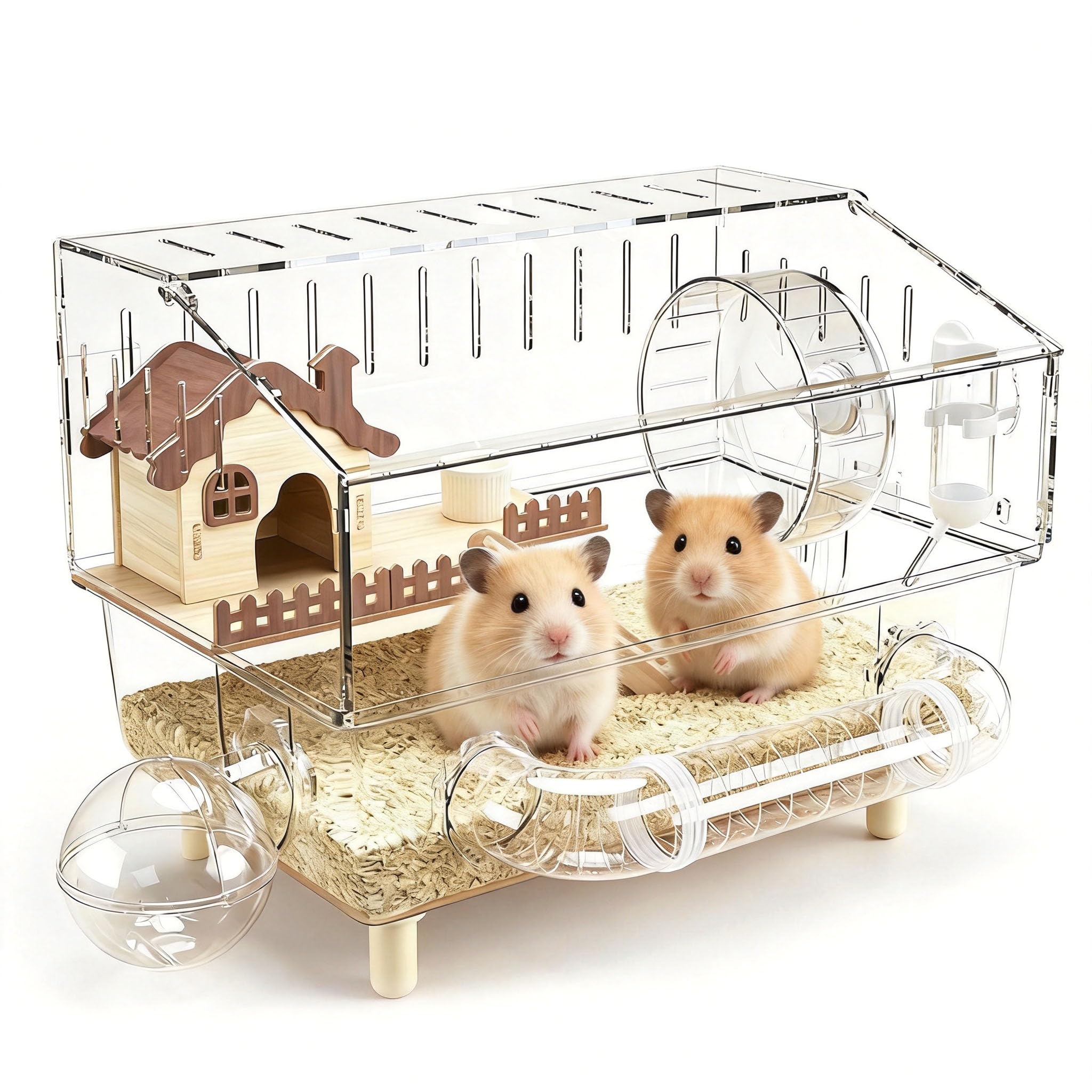 Gabbia per Criceti, 43 x 30 x 34 cm Villa in Acrilico per Criceti a Due Piani con Area di Riposo Ruota per Esercizi Tunnel Bagno Esterno Bollitore e Ciotola per il Cibo per Piccoli Animali